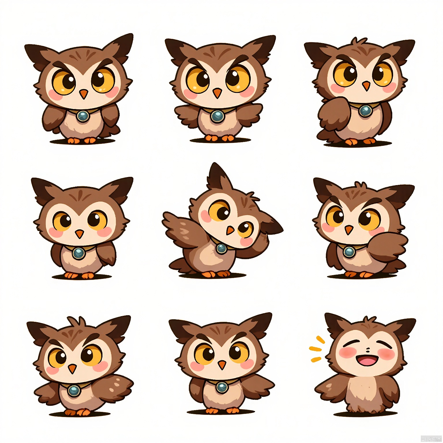 DWBQ, A digital illustration of a wise, old owl with large, golden eyes, arranged in a 3x3 grid, each cell showcasing a different expression: solemn gazing, wise nodding, curious tilting, peaceful closing, surprised widening, and thoughtful blinking. The owl has a small silver amulet around its neck. The background is white. The style is mystical and enchanting, with intricate details and deep shades.

