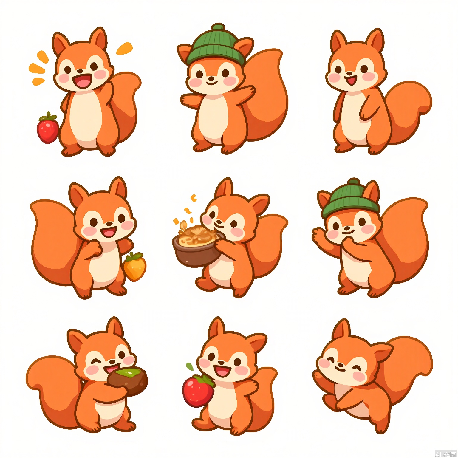 DWBQ, A digital drawing of a lively, red squirrel with a bushy tail, presented in a 3x3 grid, each cell displaying a distinct expression: excited chattering, busy gathering, playful chasing, cautious peeking, content munching, and agile leaping. The squirrel has a tiny green hat on its head. The background is white. The style is energetic and vibrant, with bold strokes and bright colors.

