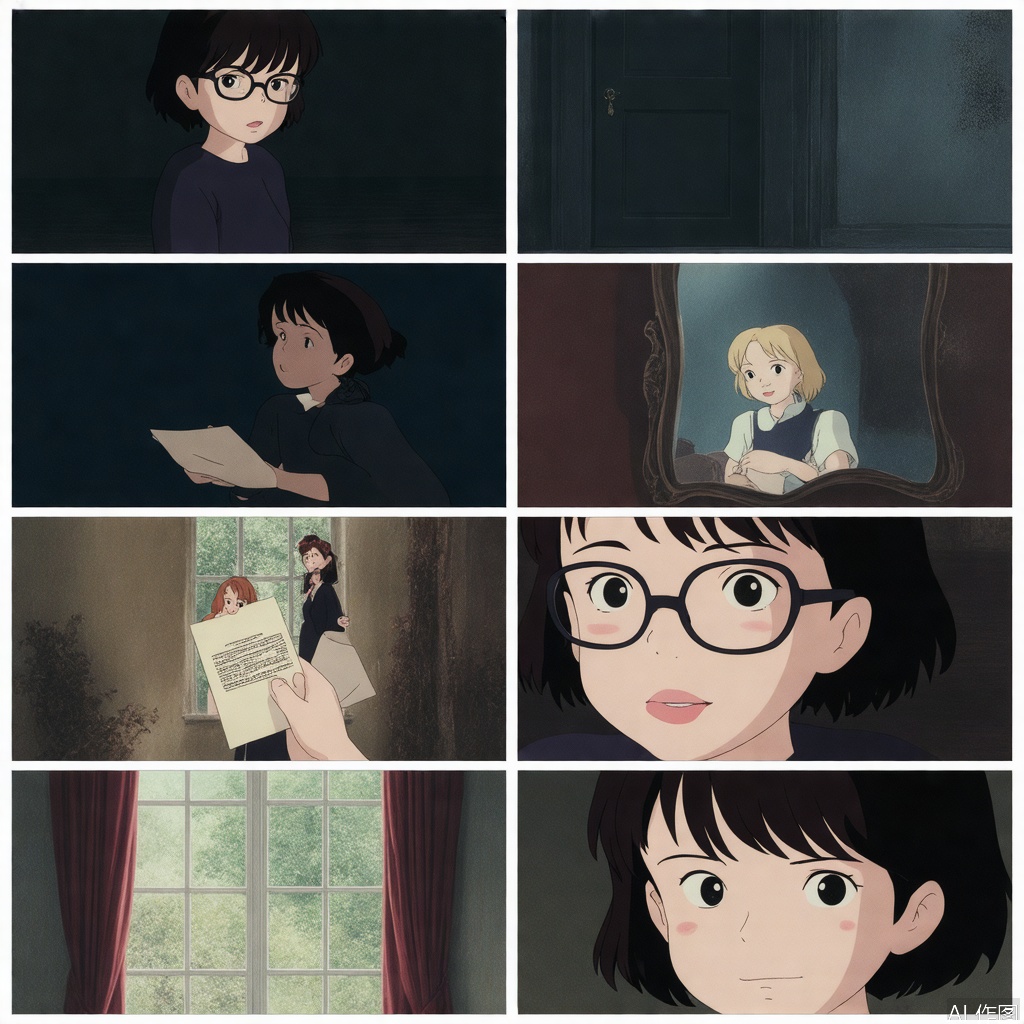 Scene 1: Dark Room In a dimly lit room, a black-haired girl, DOROTHY, sits before a mirror. Her hair is in a thick braid, and she wears large black glasses. She asks the mirror who the most beautiful person is. Scene 2: Mirror’s Reflection The mirror shows DOROTHY’s face, partially hidden by long black bangs and glasses. Her lips are red and full, suggesting beauty beneath the gloom. Scene 3: Revelation DOROTHY smiles and says, “It’s me, Dorothy.” Suddenly, the door opens, flooding the room with sunlight. Scene 4: Sister’s Entrance ALICE, a blonde beauty, enters, brightness contrasting with the room’s darkness. She opens the curtains, dispelling the shadows. Scene 5: Conflict DOROTHY, now fully visible with pale skin, shields her eyes and accuses ALICE of stealing her inheritance. ALICE rolls her eyes. Scene 6: Reality Check ALICE interrupts DOROTHY’s dramatics, revealing their father is a poor wizard. She offers DOROTHY an envelope of allowance from their mother. Scene 7: Acceptance DOROTHY, despite her earlier rant, quickly accepts the money, revealing her true priorities. ALICE shakes her head, exasperated.