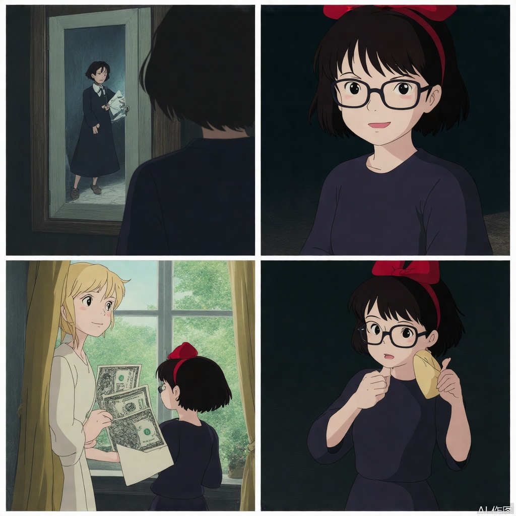 Scene 1: Dark Room In a dimly lit room, a black-haired girl, DOROTHY, sits before a mirror. Her hair is in a thick braid, and she wears large black glasses. She asks the mirror who the most beautiful person is. Scene 2: Mirror’s Reflection The mirror shows DOROTHY’s face, partially hidden by long black bangs and glasses. Her lips are red and full, suggesting beauty beneath the gloom. Scene 3: Revelation DOROTHY smiles and says, “It’s me, Dorothy.” Suddenly, the door opens, flooding the room with sunlight. Scene 4: Sister’s Entrance ALICE, a blonde beauty, enters, brightness contrasting with the room’s darkness. She opens the curtains, dispelling the shadows. Scene 5: Conflict DOROTHY, now fully visible with pale skin, shields her eyes and accuses ALICE of stealing her inheritance. ALICE rolls her eyes. Scene 6: Reality Check ALICE interrupts DOROTHY’s dramatics, revealing their father is a poor wizard. She offers DOROTHY an envelope of allowance from their mother. Scene 7: Acceptance DOROTHY, despite her earlier rant, quickly accepts the money, revealing her true priorities. ALICE shakes her head, exasperated.
