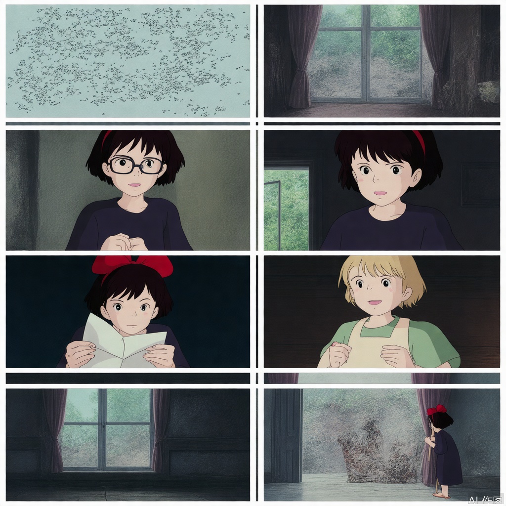 Scene 1: Dark Room In a dimly lit room, a black-haired girl, DOROTHY, sits before a mirror. Her hair is in a thick braid, and she wears large black glasses. She asks the mirror who the most beautiful person is. Scene 2: Mirror’s Reflection The mirror shows DOROTHY’s face, partially hidden by long black bangs and glasses. Her lips are red and full, suggesting beauty beneath the gloom. Scene 3: Revelation DOROTHY smiles and says, “It’s me, Dorothy.” Suddenly, the door opens, flooding the room with sunlight. Scene 4: Sister’s Entrance ALICE, a blonde beauty, enters, brightness contrasting with the room’s darkness. She opens the curtains, dispelling the shadows. Scene 5: Conflict DOROTHY, now fully visible with pale skin, shields her eyes and accuses ALICE of stealing her inheritance. ALICE rolls her eyes. Scene 6: Reality Check ALICE interrupts DOROTHY’s dramatics, revealing their father is a poor wizard. She offers DOROTHY an envelope of allowance from their mother. Scene 7: Acceptance DOROTHY, despite her earlier rant, quickly accepts the money, revealing her true priorities. ALICE shakes her head, exasperated.