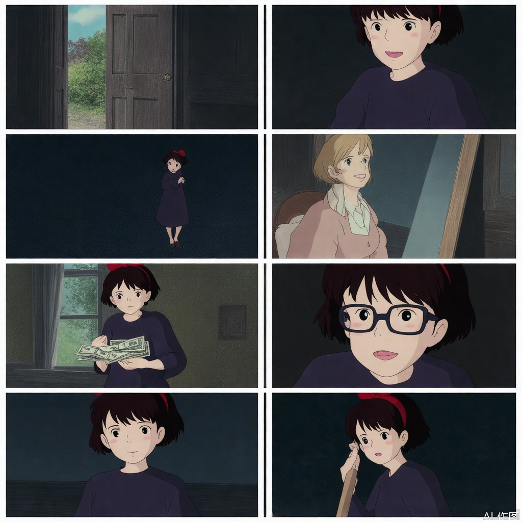 Scene 1: Dark Room In a dimly lit room, a black-haired girl, DOROTHY, sits before a mirror. Her hair is in a thick braid, and she wears large black glasses. She asks the mirror who the most beautiful person is. Scene 2: Mirror’s Reflection The mirror shows DOROTHY’s face, partially hidden by long black bangs and glasses. Her lips are red and full, suggesting beauty beneath the gloom. Scene 3: Revelation DOROTHY smiles and says, “It’s me, Dorothy.” Suddenly, the door opens, flooding the room with sunlight. Scene 4: Sister’s Entrance ALICE, a blonde beauty, enters, brightness contrasting with the room’s darkness. She opens the curtains, dispelling the shadows. Scene 5: Conflict DOROTHY, now fully visible with pale skin, shields her eyes and accuses ALICE of stealing her inheritance. ALICE rolls her eyes. Scene 6: Reality Check ALICE interrupts DOROTHY’s dramatics, revealing their father is a poor wizard. She offers DOROTHY an envelope of allowance from their mother. Scene 7: Acceptance DOROTHY, despite her earlier rant, quickly accepts the money, revealing her true priorities. ALICE shakes her head, exasperated.