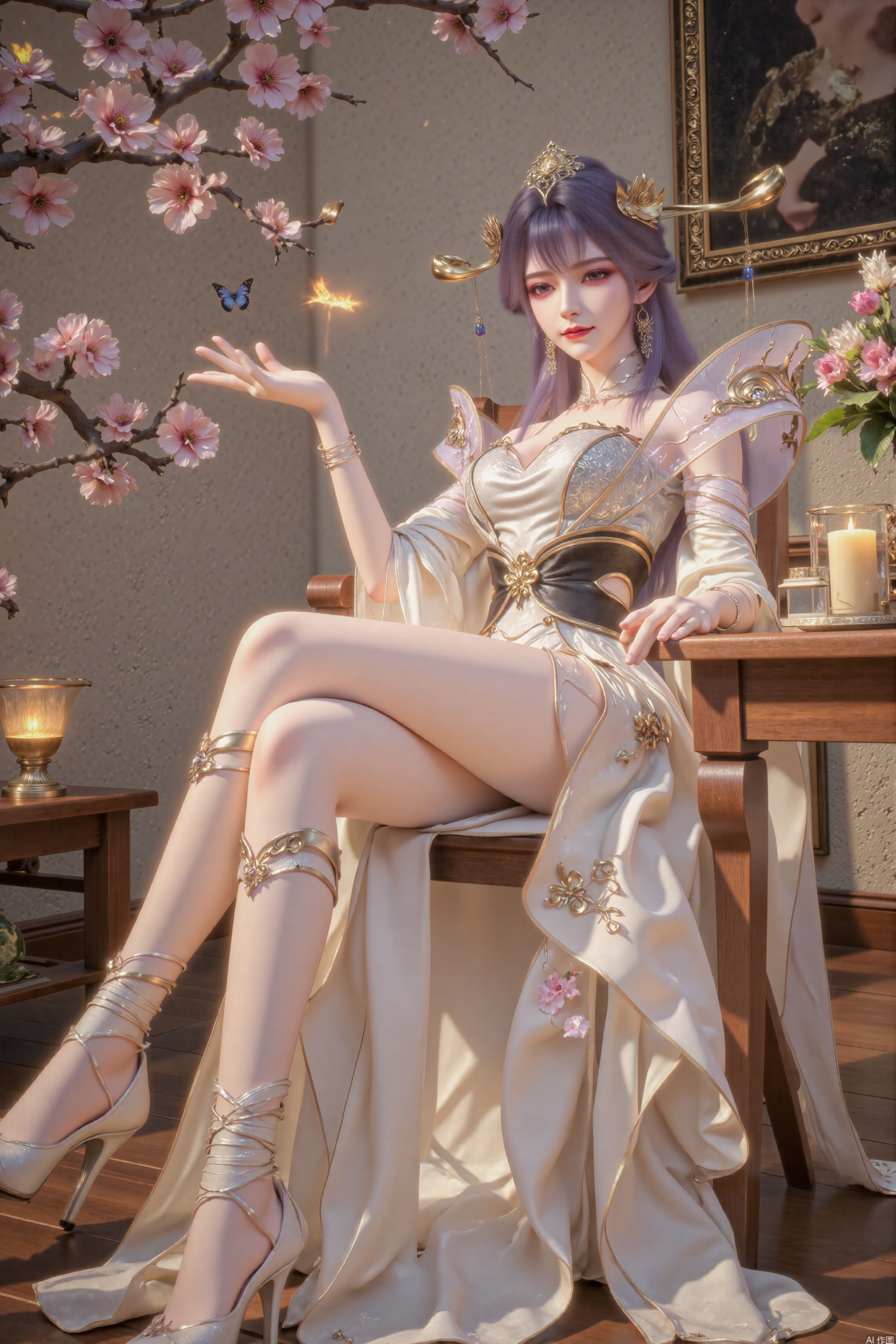 The image depicts a woman seated on a wooden chair with a white, embroidered, traditional-style dress. The dress features floral patterns and delicate, sheer fabric details. She is wearing white high-heeled shoes and has long, dark hair styled with a decorative hairpiece. The setting appears to be indoors, with a wooden table to her right, adorned with a lit candle and a small vase with flowers. The background includes a framed picture on the wall and several cherry blossom branches with flowers. There are also butterflies flying around the scene, adding a sense of movement and elegance.
