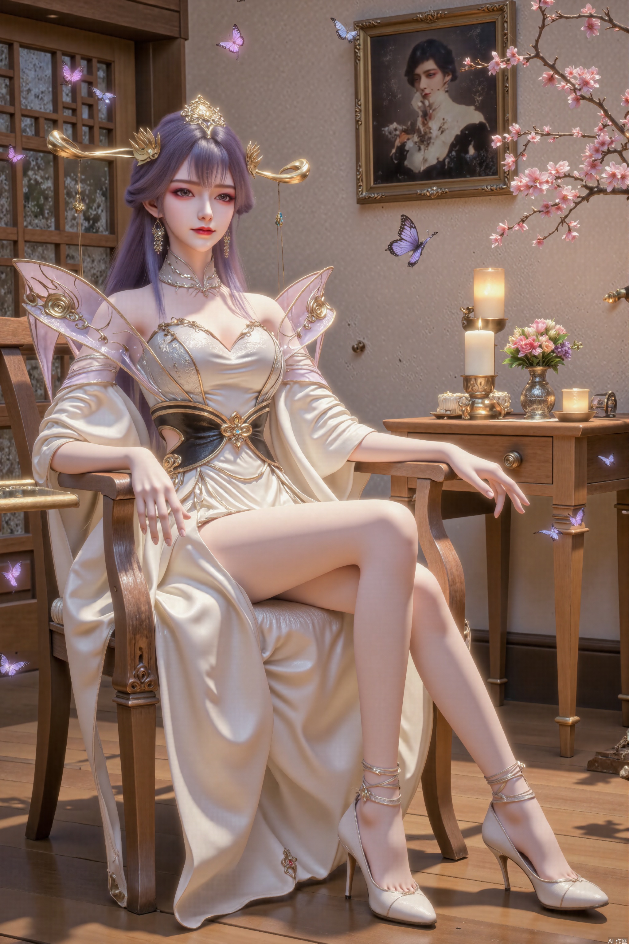 The image depicts a woman seated on a wooden chair with a white, embroidered, traditional-style dress. The dress features floral patterns and delicate, sheer fabric details. She is wearing white high-heeled shoes and has long, dark hair styled with a decorative hairpiece. The setting appears to be indoors, with a wooden table to her right, adorned with a lit candle and a small vase with flowers. The background includes a framed picture on the wall and several cherry blossom branches with flowers. There are also butterflies flying around the scene, adding a sense of movement and elegance.