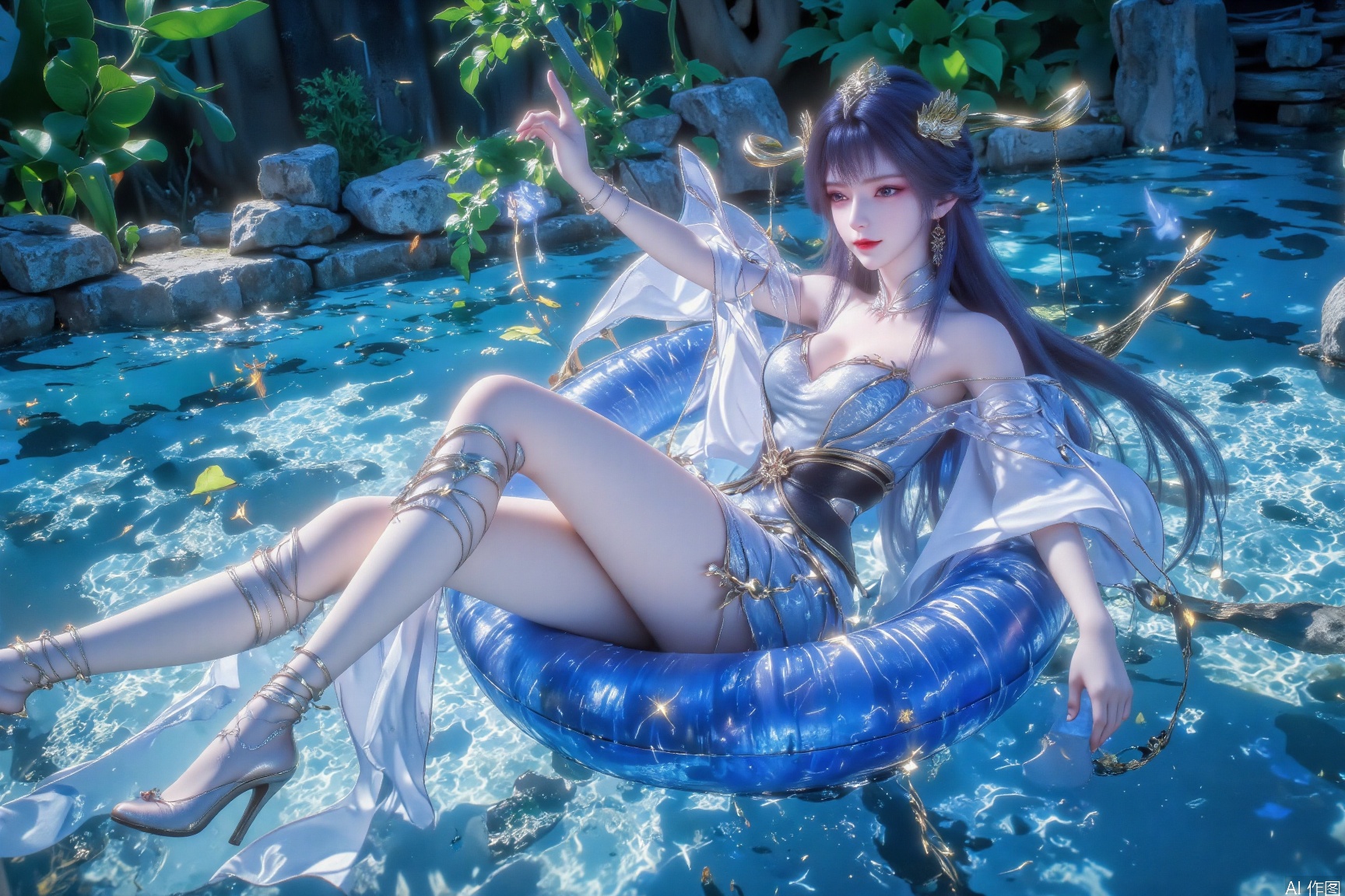 The image depicts a young woman sitting on a blue inflatable ring floating in a pool. She is wearing a white, off-shoulder, and flowing outfit that appears to be made of a light, sheer fabric. Her long, dark hair is styled with small golden accessories, including a star-shaped clip in her hair. The water around her is clear and blue, with some sparkles scattered across the surface, giving a magical or dreamy effect. In the background, there are some green plants and rocks, suggesting an outdoor or garden setting. The overall atmosphere is serene and whimsical, with a focus on the woman and her serene expression.