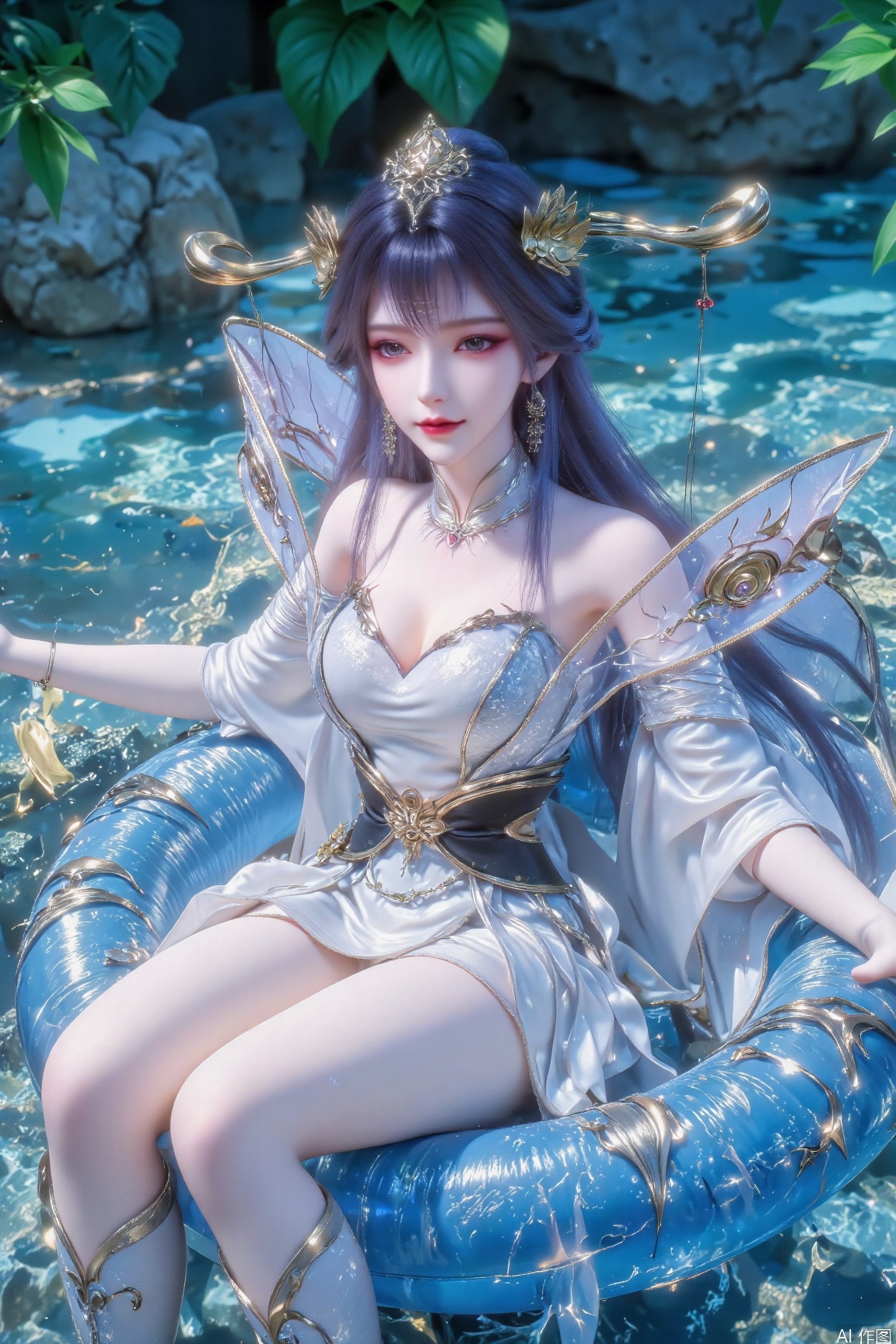 The image depicts a young woman sitting on a blue inflatable ring floating in a pool. She is wearing a white, off-shoulder, and flowing outfit that appears to be made of a light, sheer fabric. Her long, dark hair is styled with small golden accessories, including a star-shaped clip in her hair. The water around her is clear and blue, with some sparkles scattered across the surface, giving a magical or dreamy effect. In the background, there are some green plants and rocks, suggesting an outdoor or garden setting. The overall atmosphere is serene and whimsical, with a focus on the woman and her serene expression.