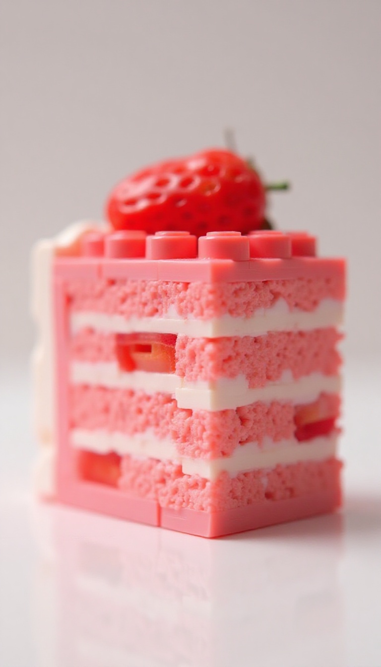 Ultra-realistic photo of a strawberry cake slice built entirely from LEGO bricks. The shape and colors clearly resemble a...