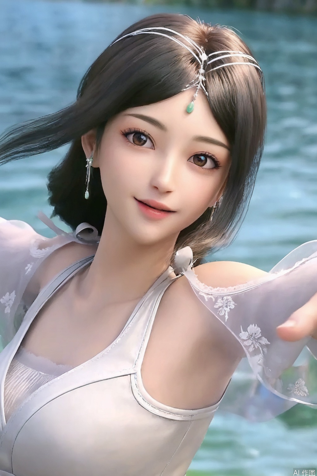 score_9,score_8_up,1girl, solo, looking at viewer, smile, brown hair, black hair, dress, brown eyes, jewelry, upper body, earrings, water, see-through, outstretched arms,ribbon,SuYi