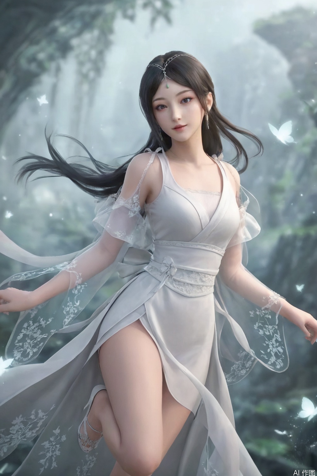 score_9,score_8_up,1girl, solo, long hair, looking at viewer, black hair, dress, jewelry, earrings, white dress, bare legs, bug, butterfly, glowing butterfly,ribbon,SuYi