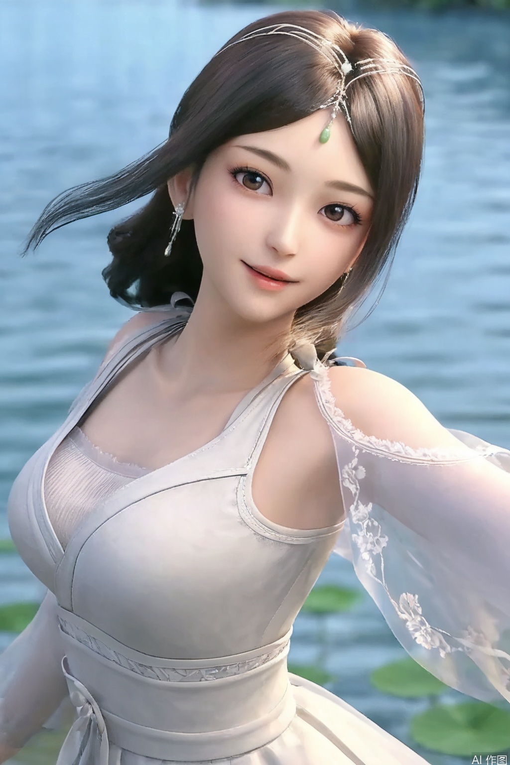 score_9,score_8_up,1girl, solo, looking at viewer, smile, brown hair, black hair, dress, brown eyes, jewelry, upper body, earrings, water, see-through, outstretched arms,ribbon,SuYi