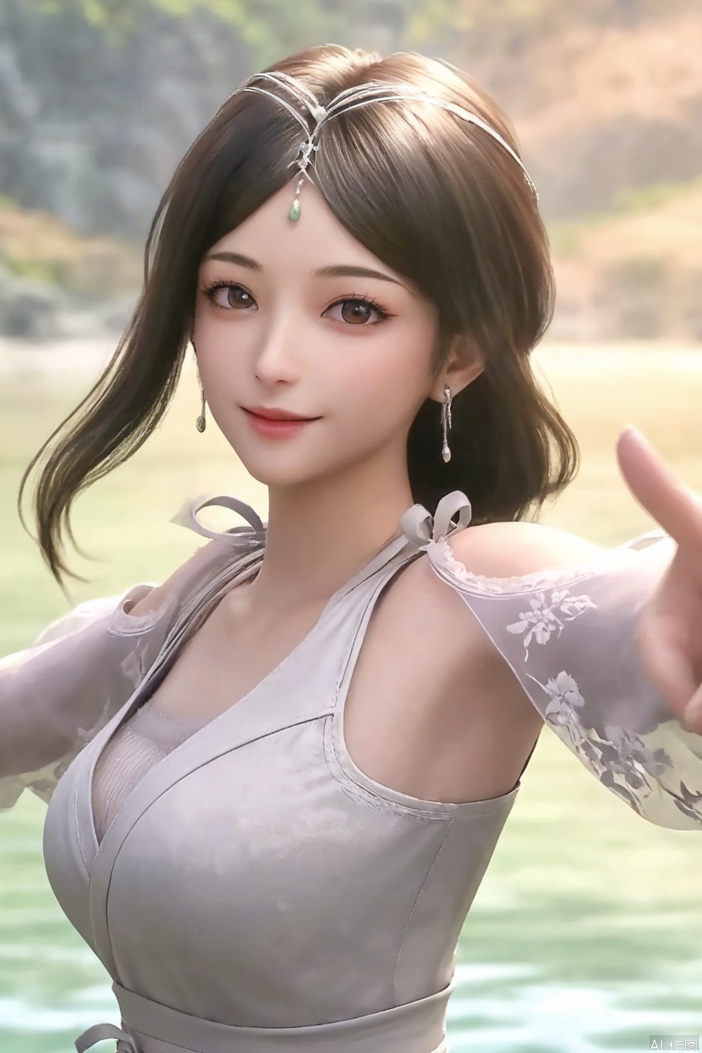 score_9,score_8_up,1girl, solo, looking at viewer, smile, brown hair, black hair, dress, brown eyes, jewelry, upper body, earrings, water, see-through, outstretched arms,ribbon,SuYi
