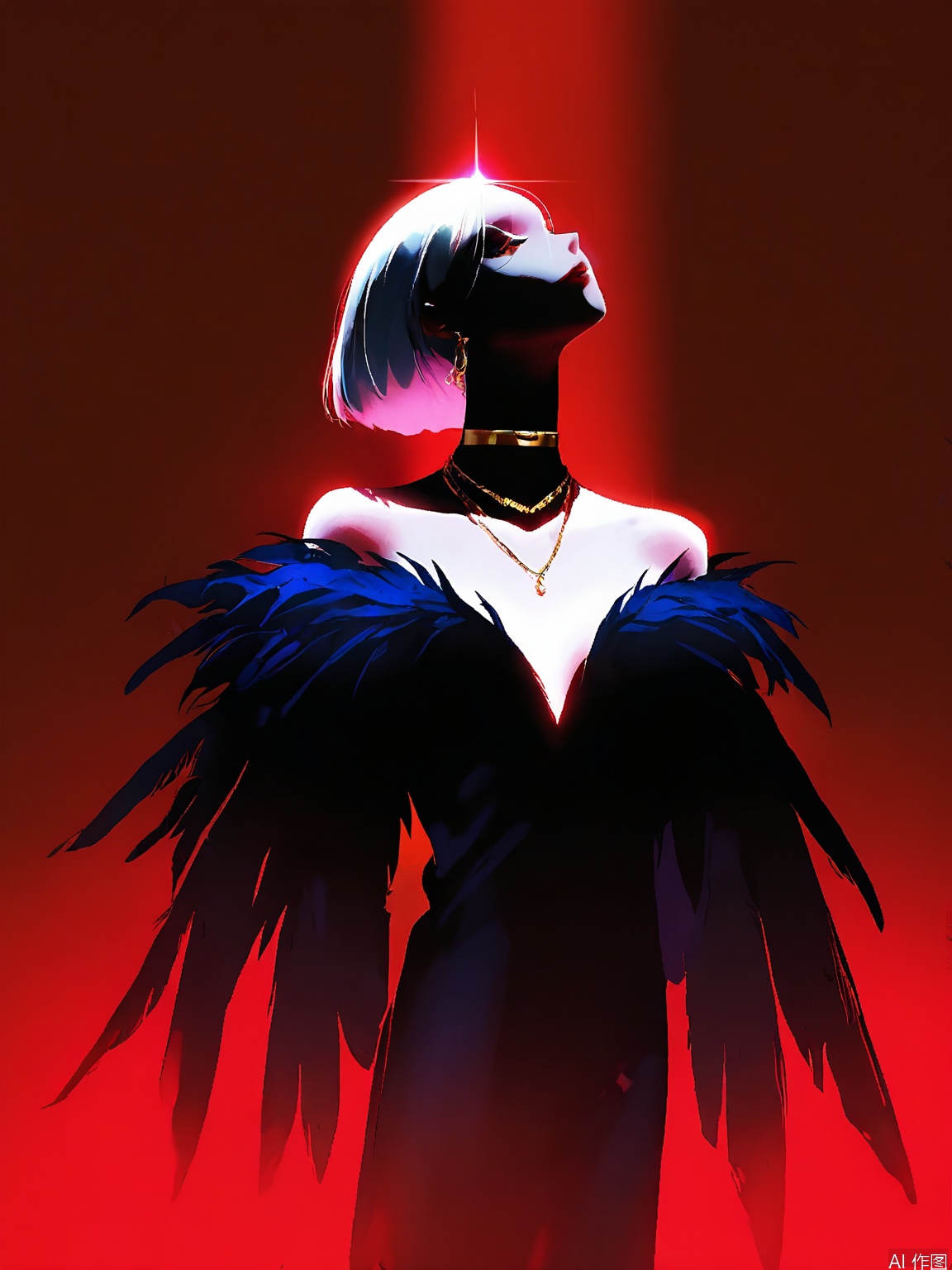 FSWL, Photograph of a woman with short, white hair, wearing a black feathered outfit and a gold necklace, standing against a bright red background. Her head is tilted back, and she has a serene expression. The lighting creates a glowing halo effect around her head, emphasizing her ethereal presence. The image has a dreamy, surreal quality with a strong contrast between the dark clothing and the vibrant background. The style is reminiscent of fashion photography with a touch of fantasy.
