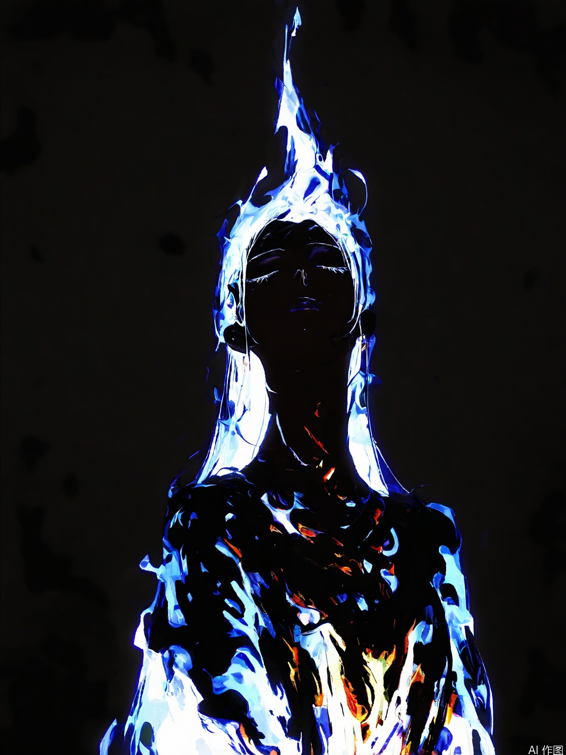 FSWL, A surreal digital painting of a woman with her head tilted back, eyes closed, and long, flowing hair blending into a fiery halo of light. She has a calm, serene expression, and her skin is illuminated by the ethereal glow. The background is a deep, textured black, enhancing the mystical and otherworldly atmosphere. The style is abstract and expressive, with a focus on light and shadow. The image has a dreamlike quality, evoking a sense of tranquility and inner peace.
