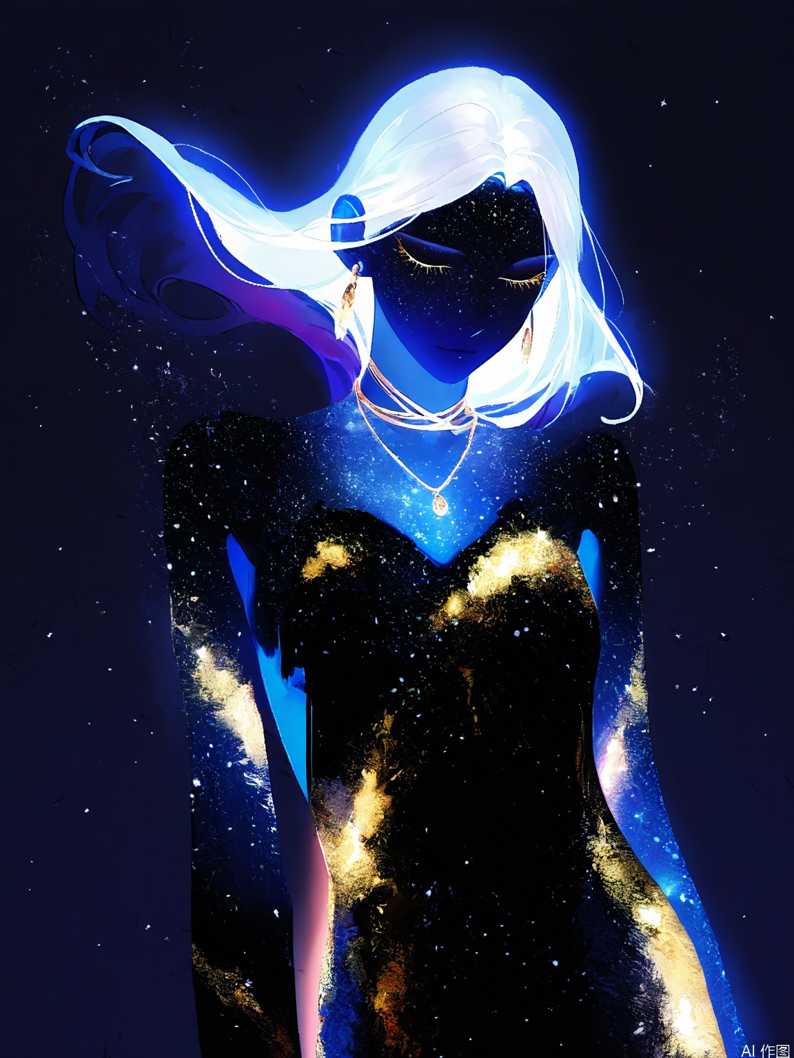 FSWL, A digital illustration of a woman with long, flowing white hair, wearing a necklace with multiple pendants, and a dark, starry, galaxy-like pattern covering her body. She is posed with her head tilted downward, her eyes closed, and her arms crossed over her chest. The background is a deep red, and the overall style is reminiscent of a dreamy, ethereal galaxy. The image has a surreal and otherworldly feel, with a focus on the contrast between the bright, luminous hair and the dark, starry body.
