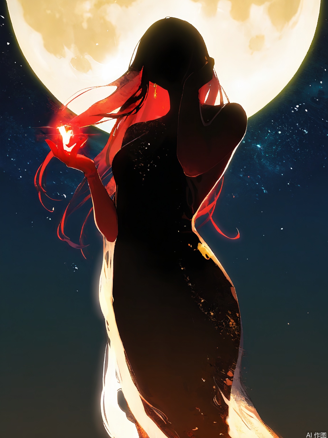 FSWL, A digital painting featuring a silhouetted woman with long, flowing hair holding a glowing, full moon. The woman's silhouette is detailed, with a soft, ethereal glow emanating from her, creating a halo effect. The moonlight illuminates her face, highlighting her serene expression. The background is a deep, starry night sky, adding to the mystical atmosphere. The image has a dreamy, otherworldly quality, with a focus on contrast and light. The style is reminiscent of fantasy art, with a strong emphasis on ethereal beauty and cosmic themes.
