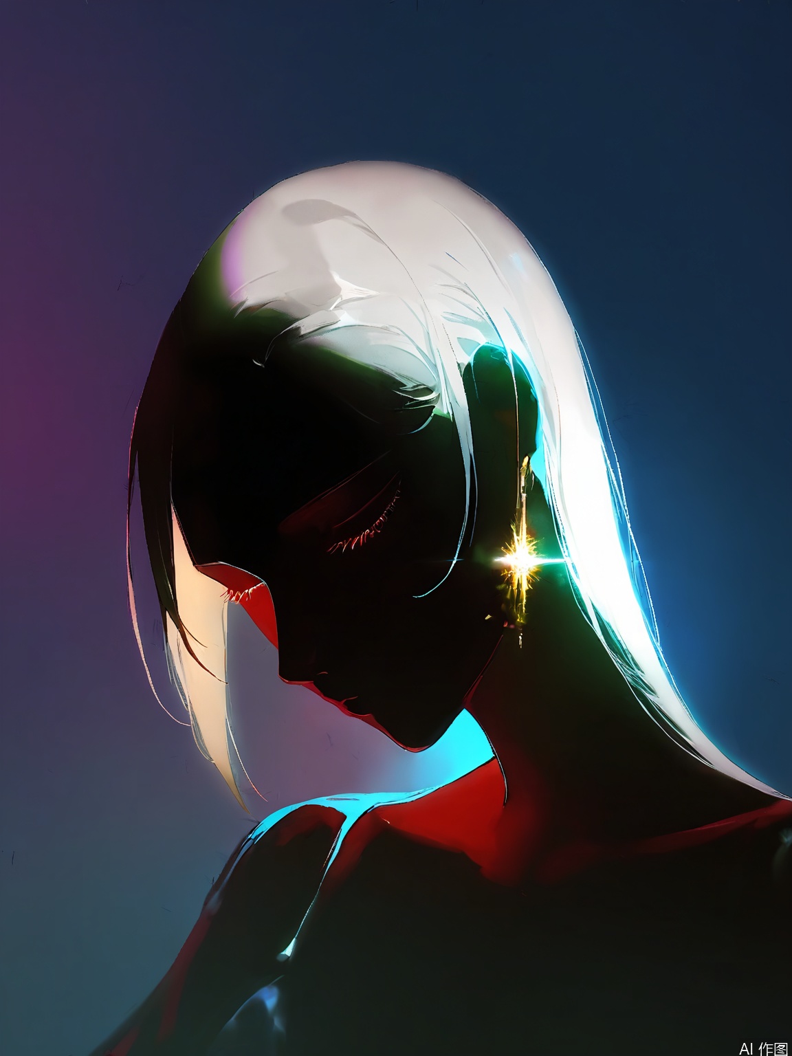 FSWL, A surreal, abstract digital artwork featuring a woman with a flowing white dress and a short bob haircut. The dress is glowing with a soft, ethereal light. The woman's face is partially obscured by shadows, giving her a mysterious, otherworldly appearance. The background is dark, enhancing the contrast and making the glowing elements stand out. The style is reminiscent of surrealist art, with a dreamy, almost ghostly atmosphere. The image has a high-contrast, low-light aesthetic with a focus on the interplay between light and shadow.
