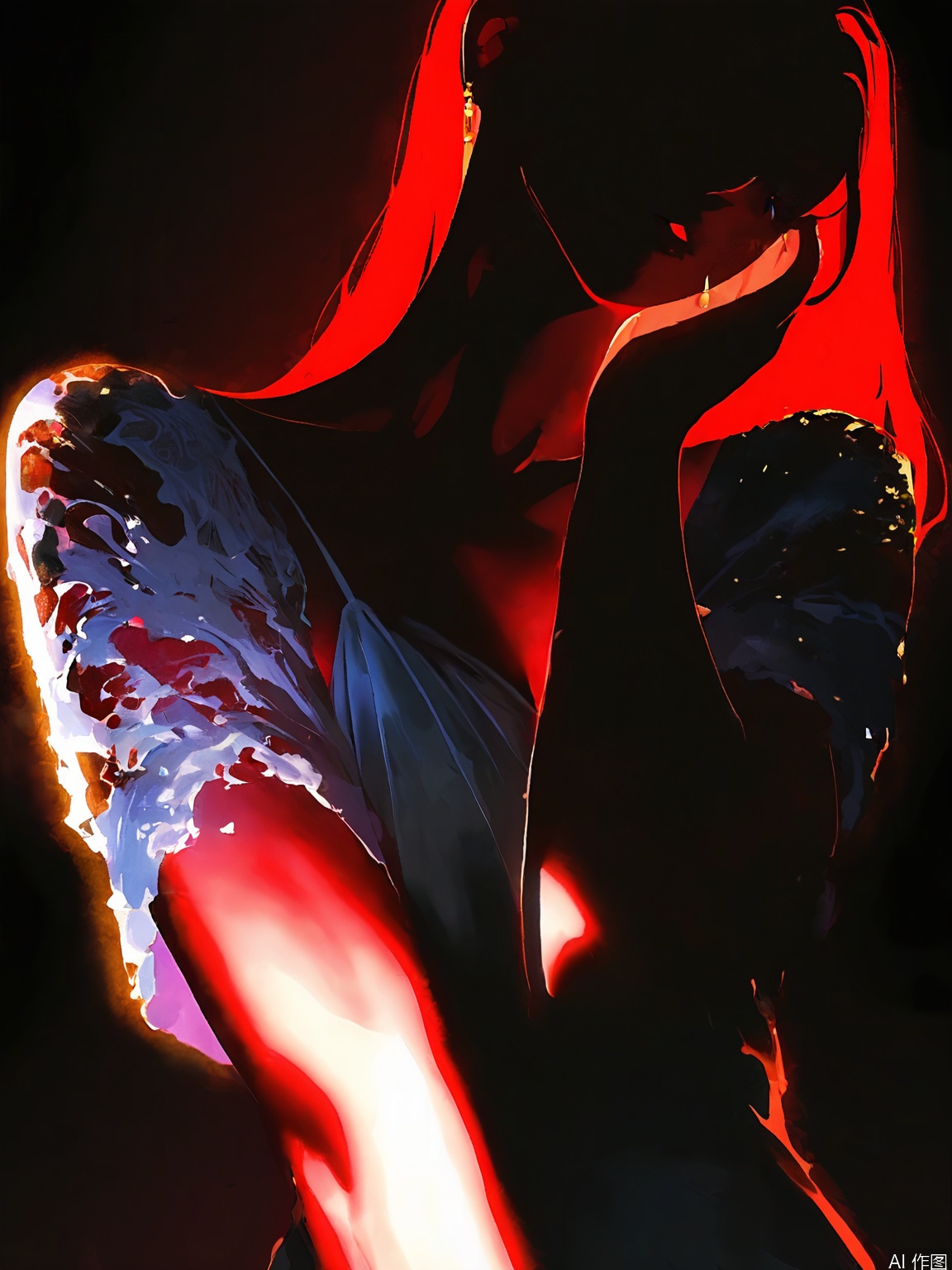 FSWL, A photograph of a woman with long, wavy blonde hair, wearing a white dress, standing in a dark room with a red light shining on her from behind, creating a dramatic silhouette. The lighting highlights her face and upper body, casting a soft glow on her skin. The background is mostly black, with the red light creating a stark contrast. The image has a dreamy, surreal quality, with the red light adding a mysterious and alluring atmosphere. The woman's pose is relaxed, with her head tilted slightly to the side.
