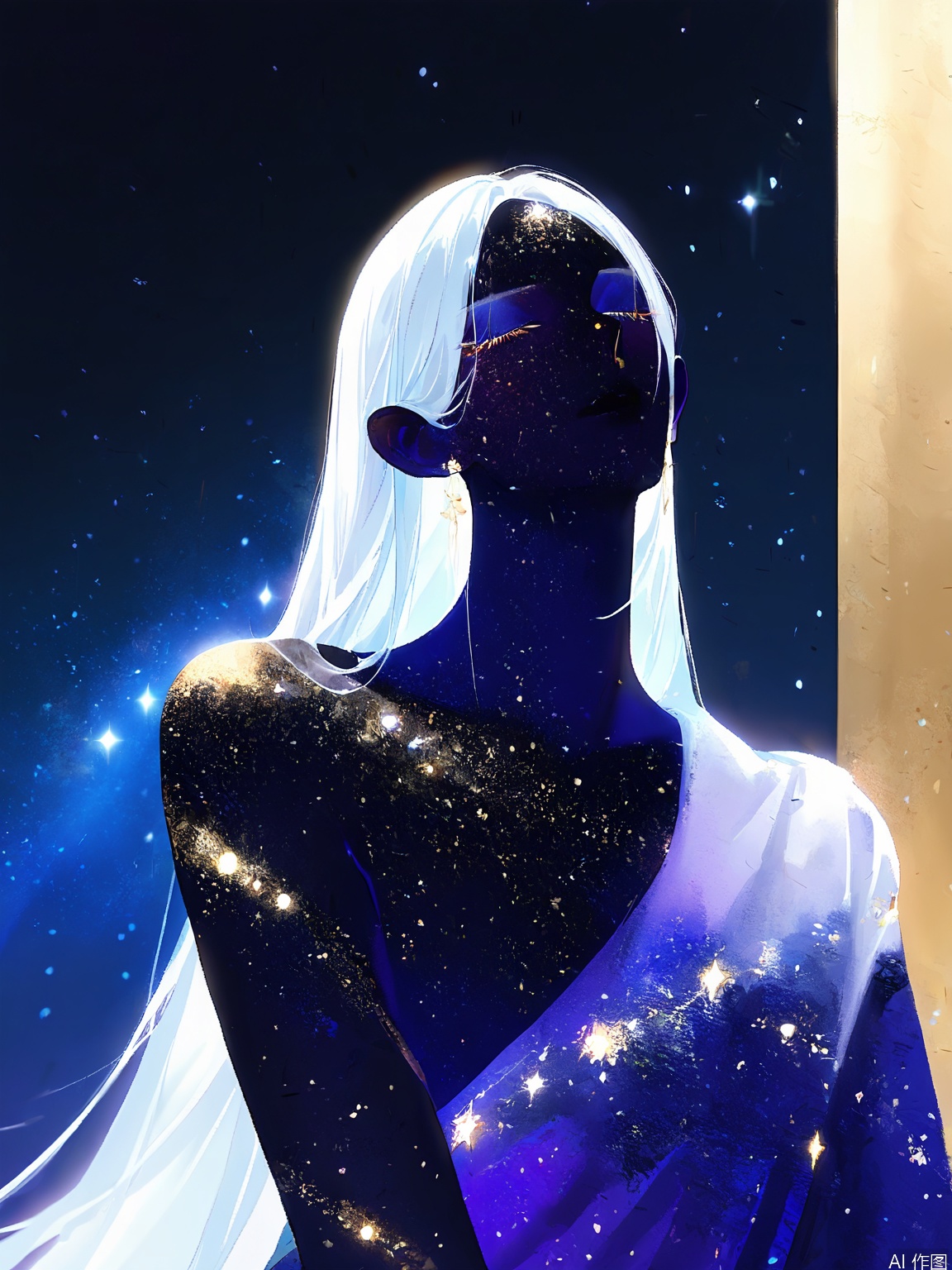 FSWL, A digital illustration of a woman with long, flowing white hair and a deep blue, starry skin tone. Her eyes are closed, and she has a serene, almost ethereal expression. The background is a deep red, creating a stark contrast with the bright, luminous hair and skin. The style is reminiscent of fantasy or sci-fi art, with a focus on celestial themes. The woman's hair and skin are detailed with a shimmering effect, giving the impression of a starry night sky. The overall mood is peaceful and otherworldly.
