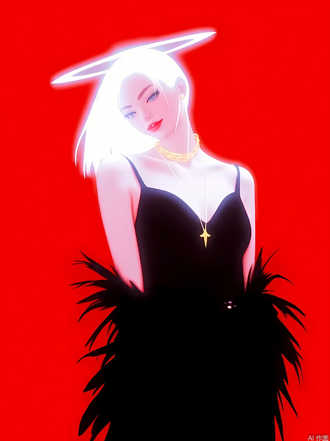 FSWL, Photograph of a woman with short, white hair, wearing a black feathered outfit and a gold necklace, standing against a bright red background. Her head is tilted back, and she has a serene expression. The lighting creates a glowing halo effect around her head, emphasizing her ethereal presence. The image has a dreamy, surreal quality with a strong contrast between the dark clothing and the vibrant background. The style is reminiscent of fashion photography with a touch of fantasy.