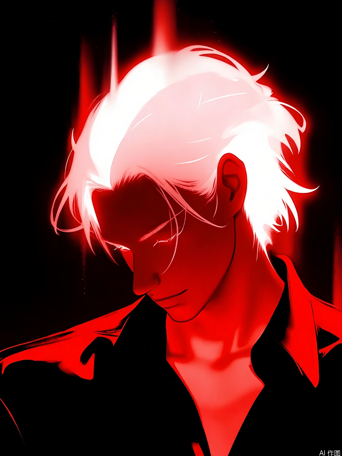 FSWL, A digital painting of a man with long, white hair and a red glow emanating from his head, wearing a black jacket with the collar open, revealing a bare chest. The background is dark and abstract, with a red and black color scheme. The man's eyes are closed, and he has a calm, serene expression. The lighting creates a dramatic and surreal atmosphere. The style is reminiscent of contemporary digital art, with a focus on contrast and minimalism.