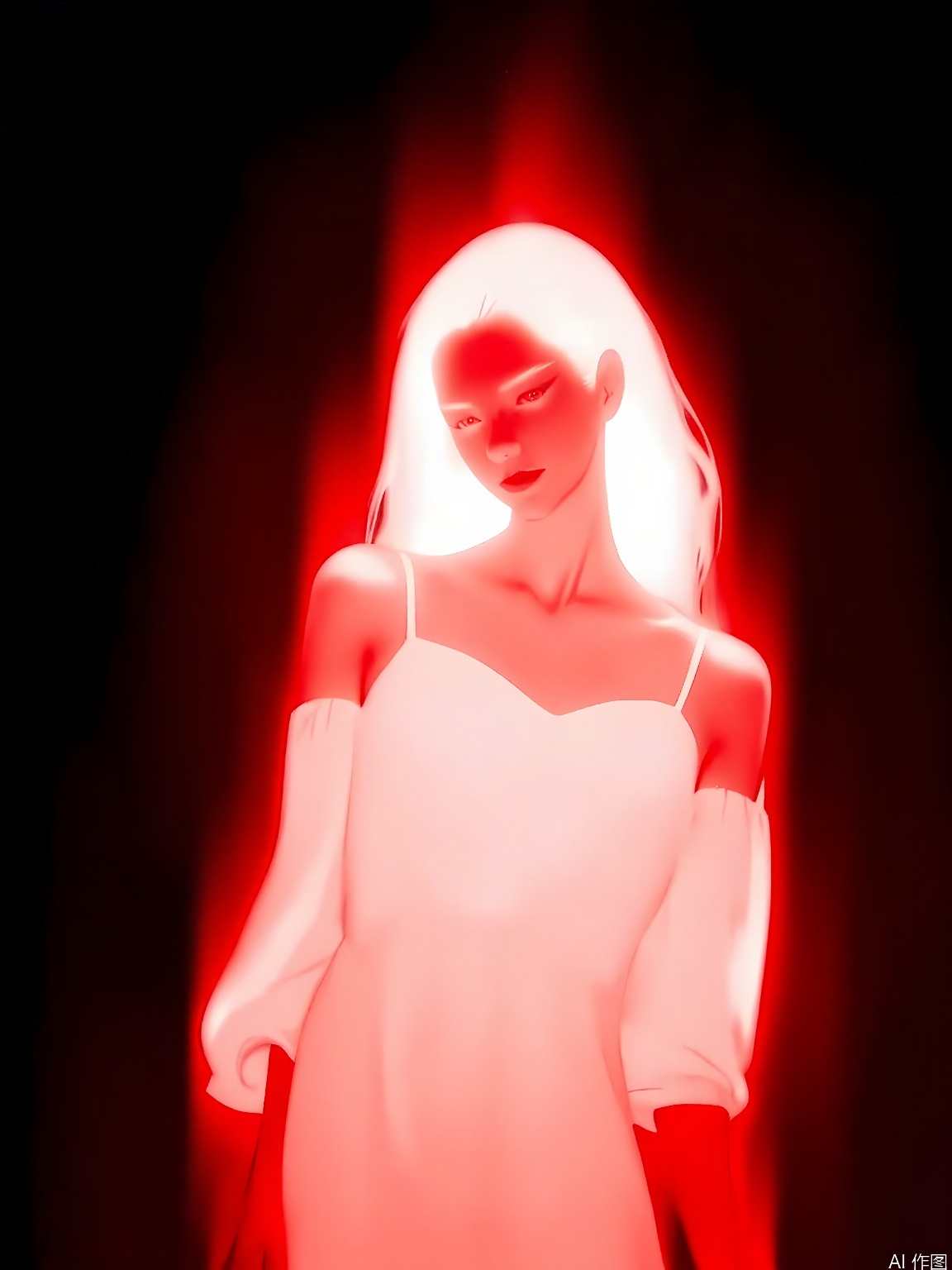 FSWL, A photograph of a woman with long, wavy blonde hair, wearing a white dress, standing in a dark room with a red light shining on her from behind, creating a dramatic silhouette. The lighting highlights her face and upper body, casting a soft glow on her skin. The background is mostly black, with the red light creating a stark contrast. The image has a dreamy, surreal quality, with the red light adding a mysterious and alluring atmosphere. The woman's pose is relaxed, with her head tilted slightly to the side.