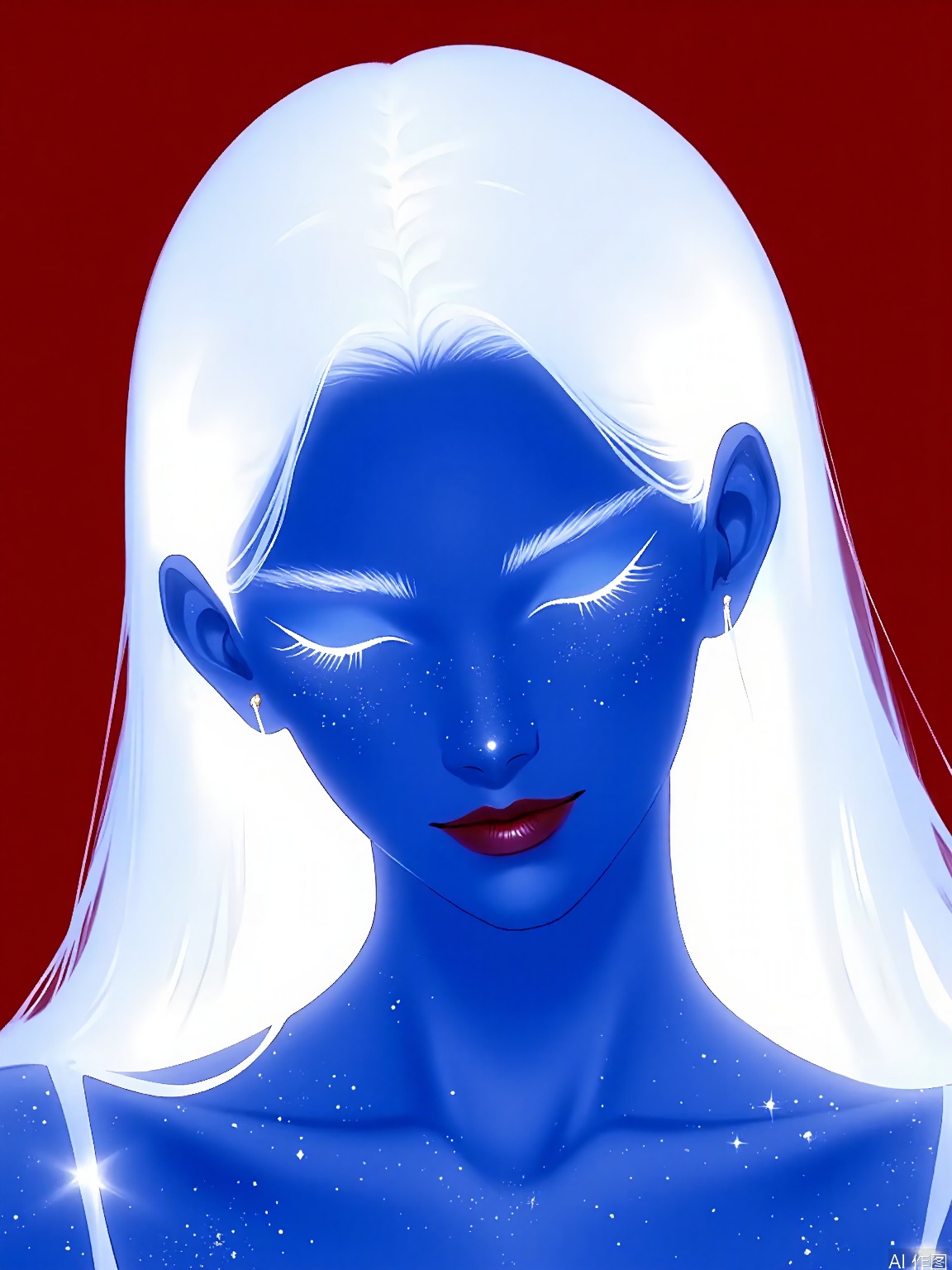 FSWL, A digital illustration of a woman with long, flowing white hair and a deep blue, starry skin tone. Her eyes are closed, and she has a serene, almost ethereal expression. The background is a deep red, creating a stark contrast with the bright, luminous hair and skin. The style is reminiscent of fantasy or sci-fi art, with a focus on celestial themes. The woman's hair and skin are detailed with a shimmering effect, giving the impression of a starry night sky. The overall mood is peaceful and otherworldly.