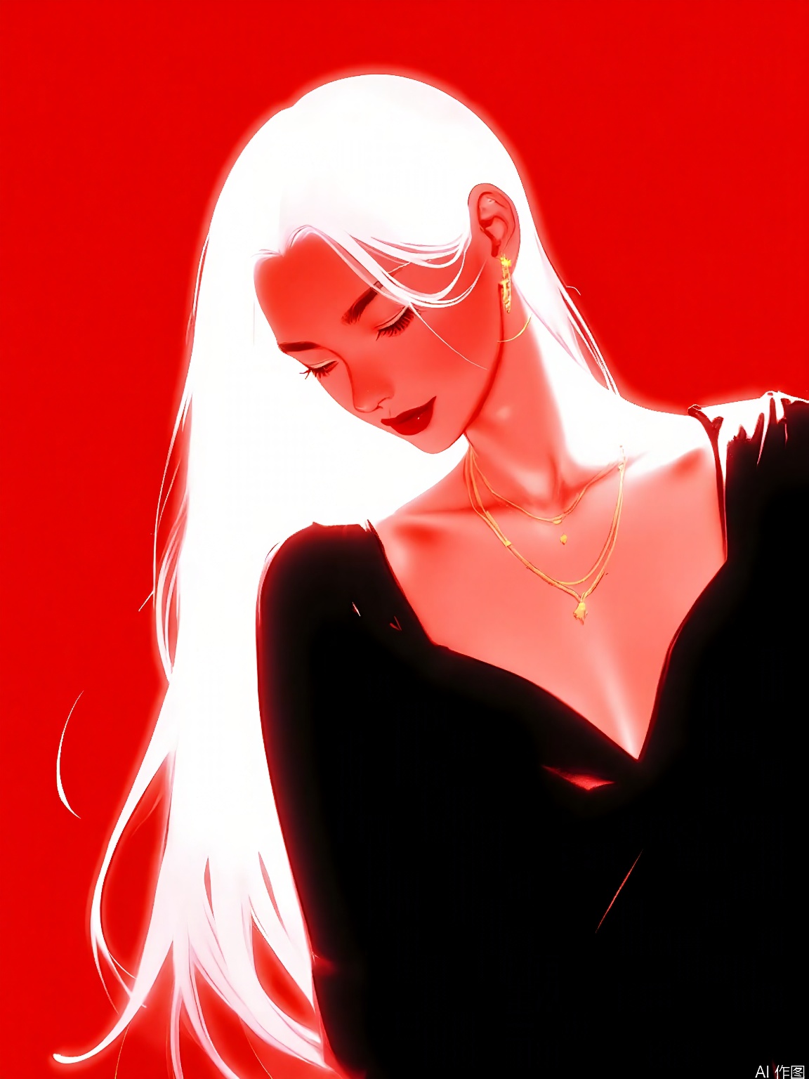 FSWL, A digital illustration of a woman with long, flowing white hair, wearing a black dress with a deep V-neck, set against a solid red background. The woman's face is partially obscured by shadows, creating a mysterious and ethereal effect. She has a serene expression and wears a delicate gold necklace. The style is reminiscent of surrealism with a focus on contrast and light. The artwork has a smooth, polished finish, with a slightly abstract and dreamlike quality.