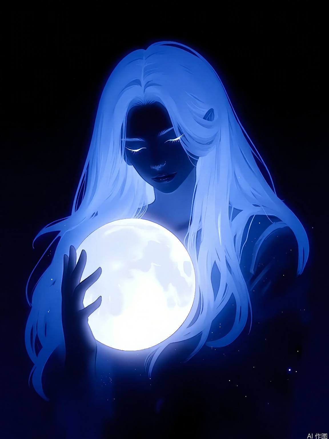 FSWL, A digital painting featuring a silhouetted woman with long, flowing hair holding a glowing, full moon. The woman's silhouette is detailed, with a soft, ethereal glow emanating from her, creating a halo effect. The moonlight illuminates her face, highlighting her serene expression. The background is a deep, starry night sky, adding to the mystical atmosphere. The image has a dreamy, otherworldly quality, with a focus on contrast and light. The style is reminiscent of fantasy art, with a strong emphasis on ethereal beauty and cosmic themes.