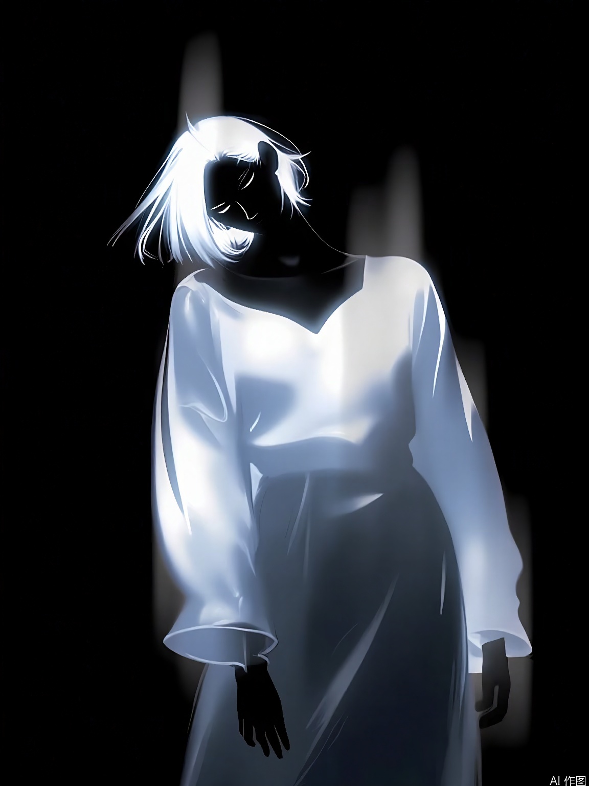 FSWL, A surreal, abstract digital artwork featuring a woman with a flowing white dress and a short bob haircut. The dress is glowing with a soft, ethereal light. The woman's face is partially obscured by shadows, giving her a mysterious, otherworldly appearance. The background is dark, enhancing the contrast and making the glowing elements stand out. The style is reminiscent of surrealist art, with a dreamy, almost ghostly atmosphere. The image has a high-contrast, low-light aesthetic with a focus on the interplay between light and shadow.