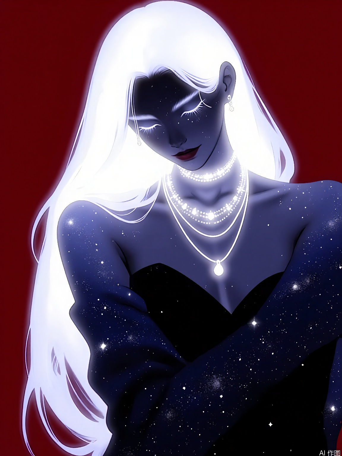 FSWL, A digital illustration of a woman with long, flowing white hair, wearing a necklace with multiple pendants, and a dark, starry, galaxy-like pattern covering her body. She is posed with her head tilted downward, her eyes closed, and her arms crossed over her chest. The background is a deep red, and the overall style is reminiscent of a dreamy, ethereal galaxy. The image has a surreal and otherworldly feel, with a focus on the contrast between the bright, luminous hair and the dark, starry body.