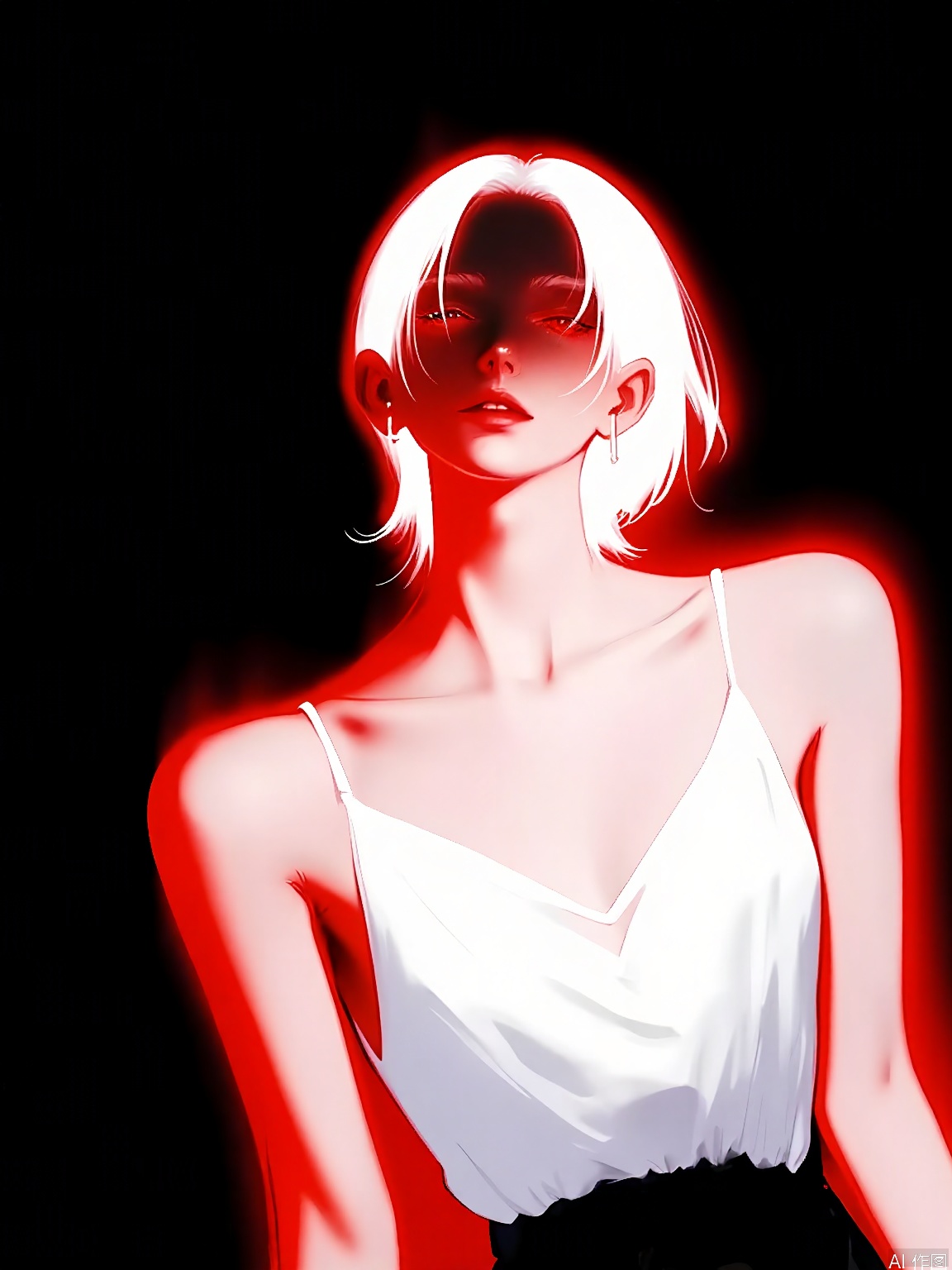 FSWL, A digital painting of a woman with long, straight, white hair, wearing a white, sleeveless top with thin straps. The background is black, and the woman's figure is highlighted with red and white lighting, creating a striking contrast. The lighting emphasizes her slender physique and the contours of her face and body. Her expression is serene, with her eyes closed and lips slightly parted. The artwork has a surreal, ethereal quality, with a focus on light and shadow. The style is reminiscent of modern digital art with a high-contrast, minimalist aesthetic.