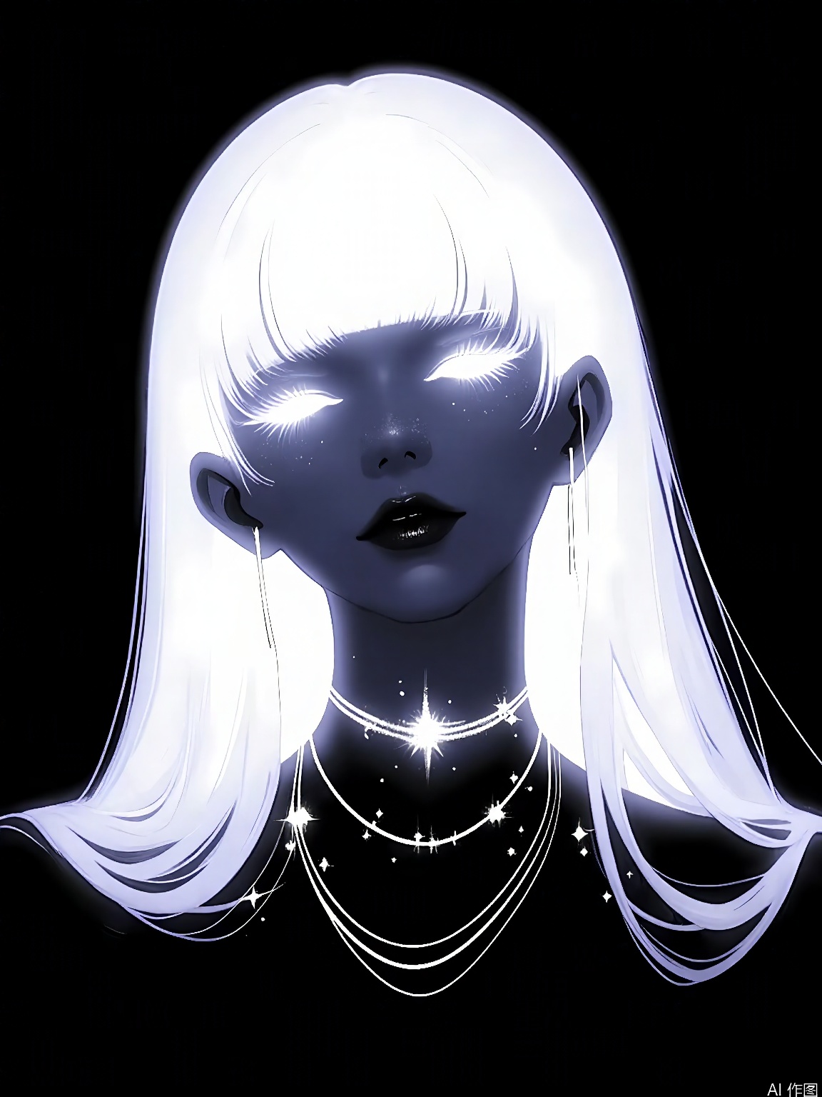 FSWL, Digital illustration of a young woman with long, straight, white hair and bangs. She has a blank expression, with her eyes glowing white and star-like sparkles around her face. She wears a black top and multiple thin necklaces with small star-shaped pendants. The background is black, making her glow stand out. The style is dark and moody, with a surreal, otherworldly feel. The image is high contrast, with a grainy texture. The woman's face is illuminated by the glowing effect, creating a mystical, dreamy atmosphere.
