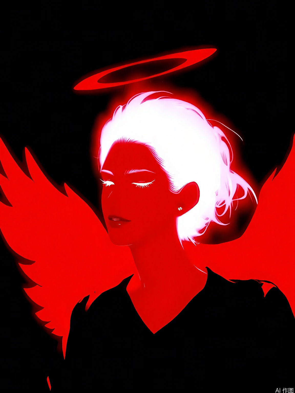 FSWL, A digital painting of an angel with pale skin, white hair styled in a bun, and large, feathery wings. The angel is bathed in a red light, casting a shadow on the dark background. A red halo floats above the angel's head. The style is ethereal and surreal, with a focus on the contrast between the bright red and the dark surroundings. The angel's eyes are closed, and the expression is serene. The artwork is signed "Pietro" in the bottom right corner.