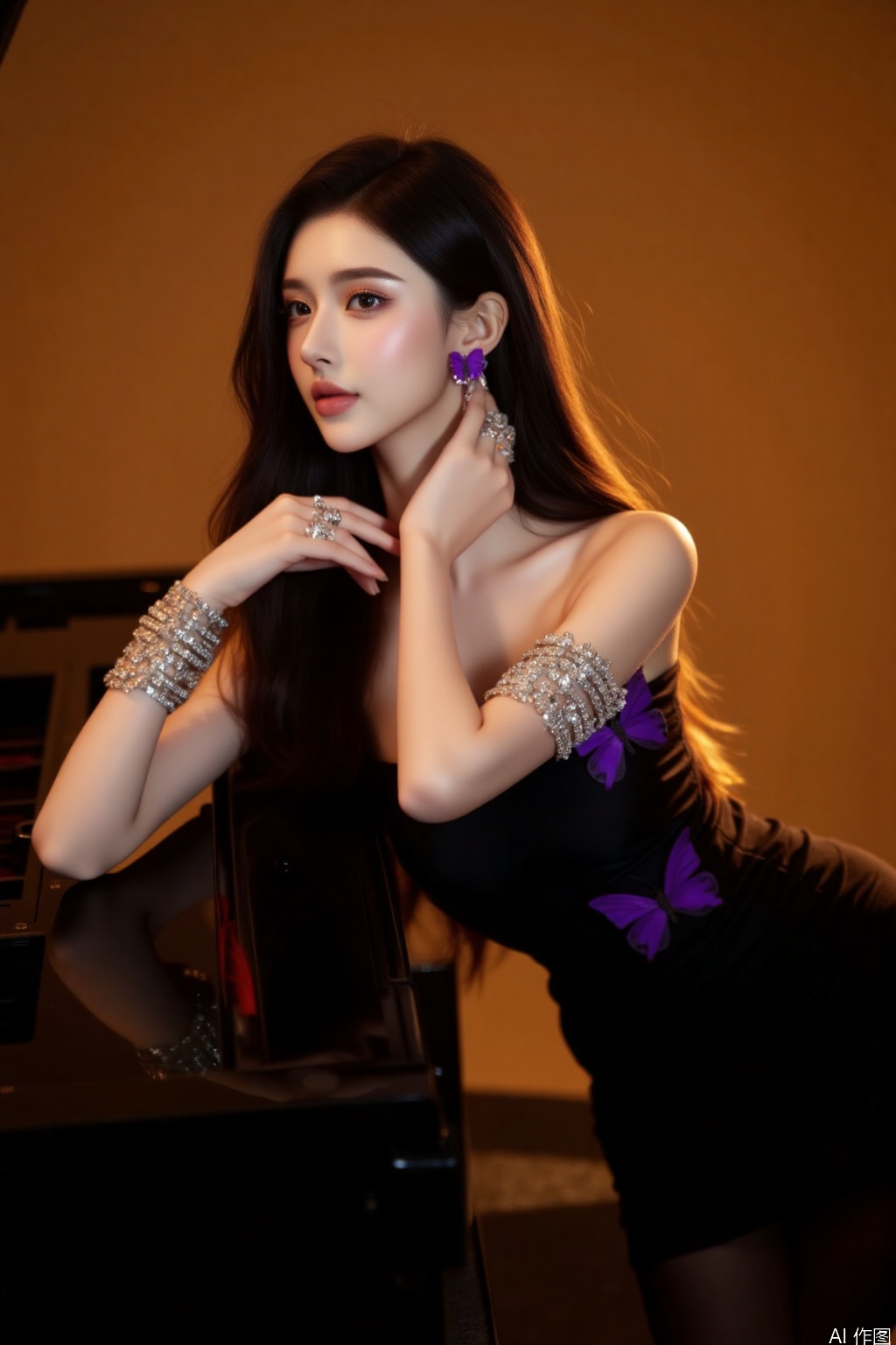 
 
Overall
 
The picture creates an elegant and somewhat mysterious atmosphere, exuding a mature and charming aura.
 
Art Style
 
It leans towards a fashion - portrait style. The use of light and shadow is exquisite, with distinct color contrasts that highlight the main subject, the person, and it has a strong sense of fashion and artistry.
 
Composition
 
The person is positioned at the center of the picture, with the piano serving as a complementary element. The composition is simple, forming a visual focal point through the person's posture and position, achieving a balanced and aesthetically pleasing effect.
 
Figure Posture
 
The body is slightly bent, with one elbow resting on the piano and one hand gently touching the neck. The posture is elegant and charming, fully showcasing the femininity and sexiness of the woman.
 
Perspective
 
A frontal - slightly - upward - looking perspective is adopted, which accentuates the figure and temperament of the person, enhancing the visual impact of the picture.
 
Expression
 
The eyes are firm with a hint of coolness, the lips are slightly pursed, and the expression is calm and confident, radiating a unique charm.
 
Hairstyle
 
The long, black hair falls naturally with a glossy sheen, adding an air of elegance and grandeur.
 
Movement
 
The movements of resting on the piano and touching the neck are natural and expressive, just right in showing an elegant bearing.
 
Clothing
 
A black strapless short dress, the design is simple yet sexy. The purple butterfly decorations add highlights to the overall look, highlighting a unique sense of taste.
 
Makeup
 
The makeup is exquisite. The eyebrows are slender, the eye makeup is deep, and the lip makeup has a natural color. The overall makeup complements the overall style, emphasizing the three - dimensionality and delicacy of the face.
 
Matching
 
The clothing and accessories are coordinated. The silver arm ornaments, earrings, and rings echo each other, enhancing the luxurious feel of the overall look and creating a sharp contrast with the black clothing.
 
Decoration
 
The silver arm ornaments are gorgeous and dazzling, the earrings and rings are delicate, and the purple butterfly decorations are unique, becoming the visual focus on the clothing. These decorations add a lot to the overall look.
 
Background
 
The warm - toned background is simple, without excessive complex elements. It highlights the main subject, the person, and at the same time forms a contrast with the person's cool temperament, strengthening the atmosphere of the picture.
 
Image Quality
 
The image quality is clear, with meticulous detail processing. The texture of the person's skin, the fabric of the clothing, and the luster of the accessories are all clearly distinguishable. The light and shadow effects are delicate, demonstrating a high - standard shooting quality.