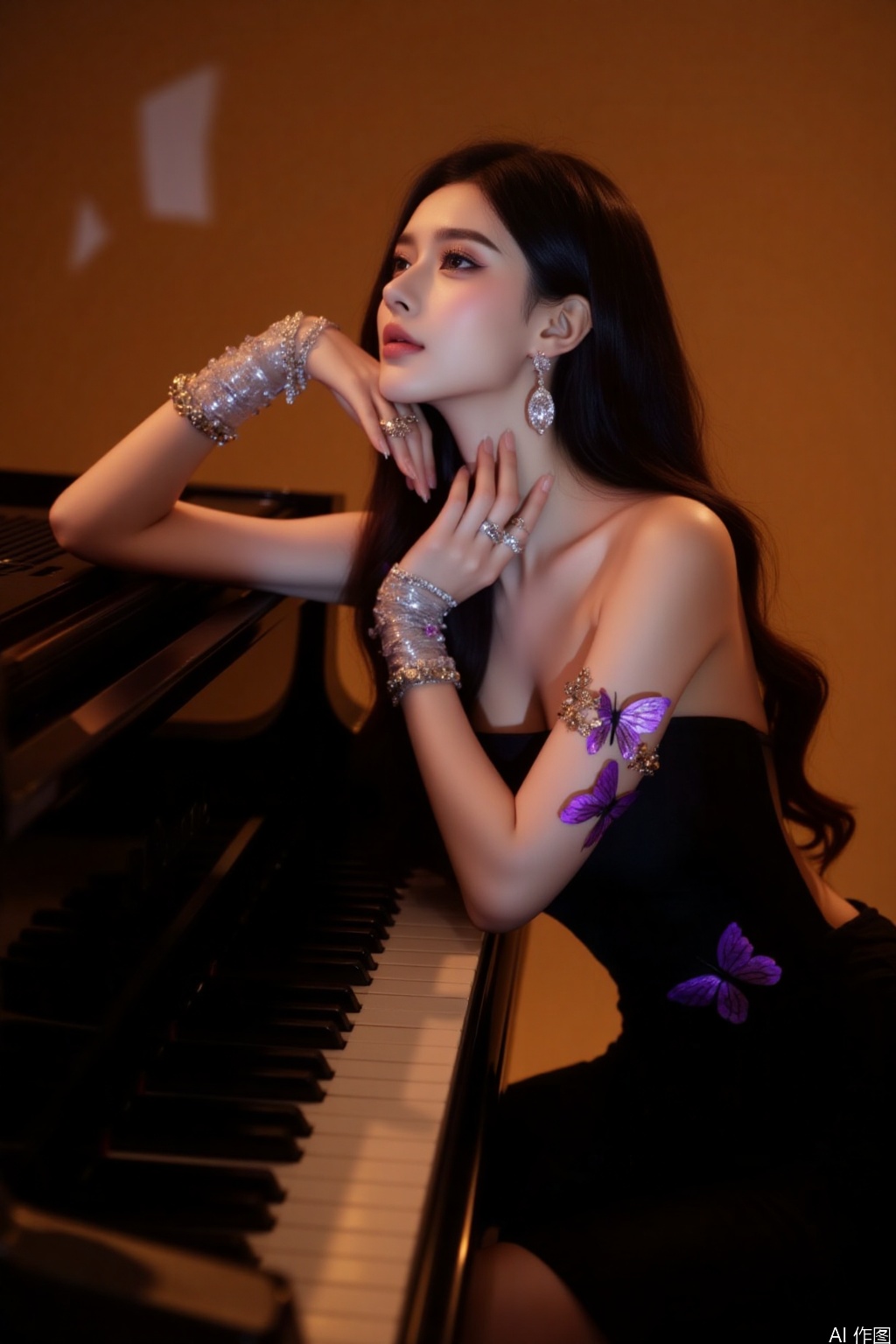 
 
Overall
 
The picture creates an elegant and somewhat mysterious atmosphere, exuding a mature and charming aura.
 
Art Style
 
It leans towards a fashion - portrait style. The use of light and shadow is exquisite, with distinct color contrasts that highlight the main subject, the person, and it has a strong sense of fashion and artistry.
 
Composition
 
The person is positioned at the center of the picture, with the piano serving as a complementary element. The composition is simple, forming a visual focal point through the person's posture and position, achieving a balanced and aesthetically pleasing effect.
 
Figure Posture
 
The body is slightly bent, with one elbow resting on the piano and one hand gently touching the neck. The posture is elegant and charming, fully showcasing the femininity and sexiness of the woman.
 
Perspective
 
A frontal - slightly - upward - looking perspective is adopted, which accentuates the figure and temperament of the person, enhancing the visual impact of the picture.
 
Expression
 
The eyes are firm with a hint of coolness, the lips are slightly pursed, and the expression is calm and confident, radiating a unique charm.
 
Hairstyle
 
The long, black hair falls naturally with a glossy sheen, adding an air of elegance and grandeur.
 
Movement
 
The movements of resting on the piano and touching the neck are natural and expressive, just right in showing an elegant bearing.
 
Clothing
 
A black strapless short dress, the design is simple yet sexy. The purple butterfly decorations add highlights to the overall look, highlighting a unique sense of taste.
 
Makeup
 
The makeup is exquisite. The eyebrows are slender, the eye makeup is deep, and the lip makeup has a natural color. The overall makeup complements the overall style, emphasizing the three - dimensionality and delicacy of the face.
 
Matching
 
The clothing and accessories are coordinated. The silver arm ornaments, earrings, and rings echo each other, enhancing the luxurious feel of the overall look and creating a sharp contrast with the black clothing.
 
Decoration
 
The silver arm ornaments are gorgeous and dazzling, the earrings and rings are delicate, and the purple butterfly decorations are unique, becoming the visual focus on the clothing. These decorations add a lot to the overall look.
 
Background
 
The warm - toned background is simple, without excessive complex elements. It highlights the main subject, the person, and at the same time forms a contrast with the person's cool temperament, strengthening the atmosphere of the picture.
 
Image Quality
 
The image quality is clear, with meticulous detail processing. The texture of the person's skin, the fabric of the clothing, and the luster of the accessories are all clearly distinguishable. The light and shadow effects are delicate, demonstrating a high - standard shooting quality.