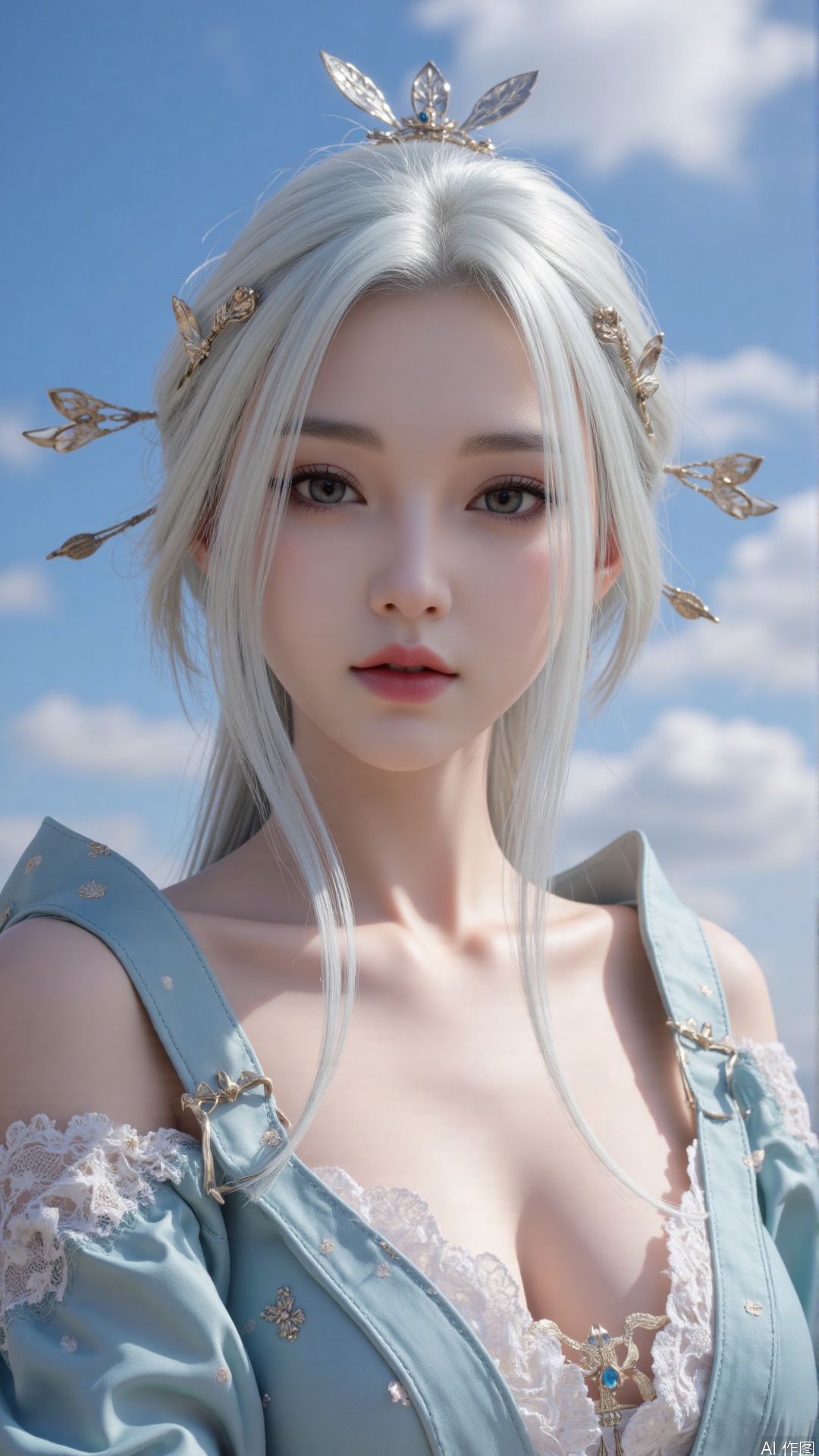 Very detailed face, extremely detailed eyes and face, blue eyes, (vacuum), 8K wallpaper, light leak, beautiful and detailed girl, extremely detailed CGUnity8K wallpaper, an extremely detailed and beautiful, beautiful and detailed eyes, masterpiece, best quality, Real photo level, (frontal shooting panoramic perspective), ( (Full body photo)), dynamic angle, dynamic pose, solo, ancient style silver hairpin with petals, blue sky and white clouds, (C cup), (huge round breasts), slender legs, super good figure, stunning beauty, (whole body in the mirror) , (wearing Lolita nightgown), (light reflects the shadow of the body through the clothes),vacuum,bare and smooth