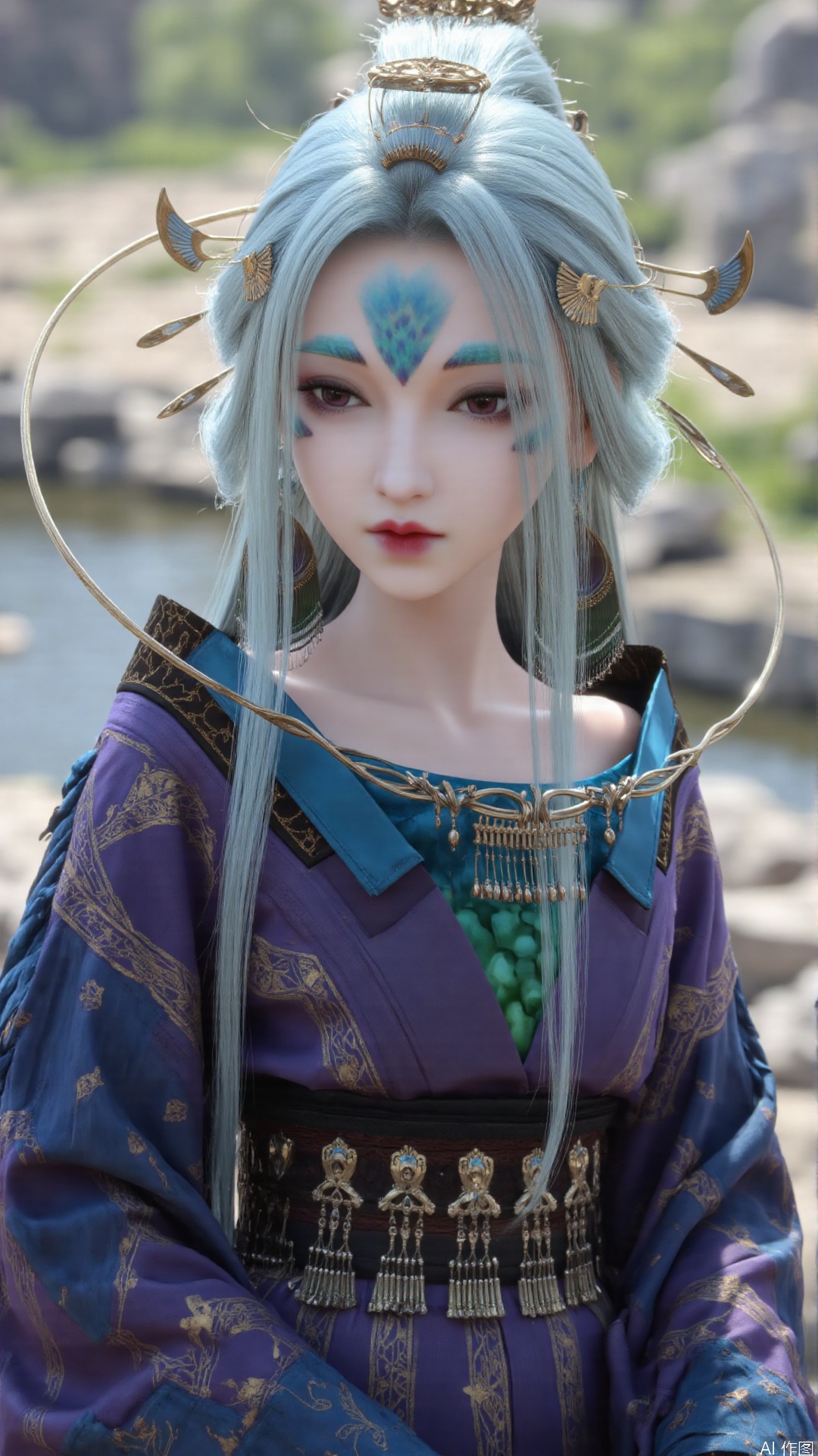 1girl, solo, long hair, forehead mark, hair ornament, facial mark, lips, blue hair, realistic, looking at viewer, hair stick, perfect body, scenery, sharp focus, best quality, masterpiece, detailed outfit, illustration, perfect eyes, finely detailed beautiful anime eyes, realistic skin, intricate details, best lighting, depth of field, ultra high resolution, sitting