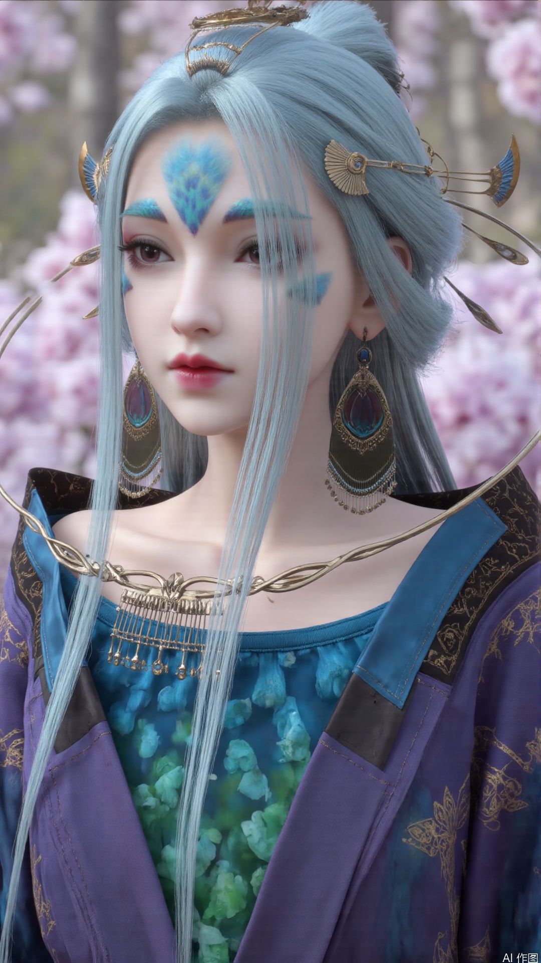 1girl, solo, long hair, forehead mark, hair ornament, facial mark, lips, blue hair, realistic, looking at viewer, hair stick, perfect body, scenery, sharp focus, best quality, masterpiece, detailed outfit, illustration, perfect eyes, finely detailed beautiful anime eyes, realistic skin, intricate details, best lighting, depth of field, ultra high resolution,cowboy shot
