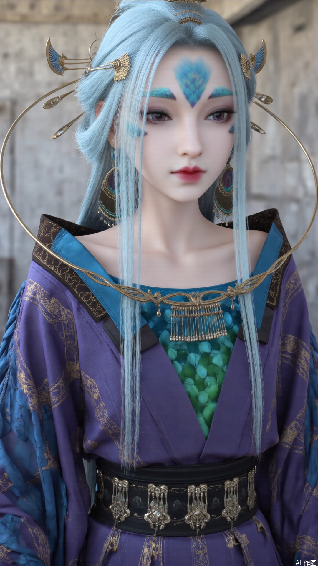 1girl, solo, long hair, forehead mark, hair ornament, facial mark, lips, blue hair, realistic, looking at viewer, hair stick, perfect body, scenery, sharp focus, best quality, masterpiece, detailed outfit, illustration, perfect eyes, finely detailed beautiful anime eyes, realistic skin, intricate details, best lighting, depth of field, ultra high resolution, sitting
