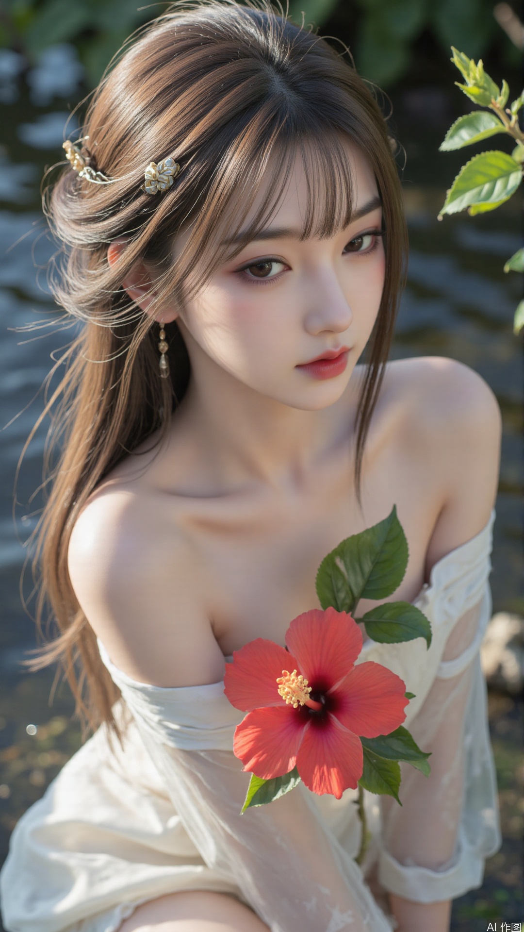 1girl, solo, long hair, breasts, looking at viewer, blush, open mouth, bangs, brown hair, hair ornament, dress, bare shoulders, brown eyes, medium breasts, collarbone, flower, parted lips, hair flower, water, white dress, sleeveless dress, leaf, plant, red flower, partially submerged, hibiscus
,backlighting,depth of field,cinematic lighting,light particles,lens flare, (artist:quasarcake:0.8),extreme aesthetic,(wlop:0.6),masterpiece,best quality,good quality,newest,very aesthetic,absurdres,Visual impact,A shot with tension, ultra-high resolution,32K UHD,sharp focus,best-quality,masterpiece,Emotionalization,unconventional supreme masterpiece,masterful details,temperate atmosphere,with a high-end texture,in the style of fashion photography, (alzi xiaomI:1.2),(mogumo:1.1),(good hands, nice hands:0.5),giving the poster a dynamic and visually striking appearance,impactful picture,offcial art,colorful,movie perspective, masterpiece,best quality,amazing quality,very aesthetic,absurdres,best quality,newest