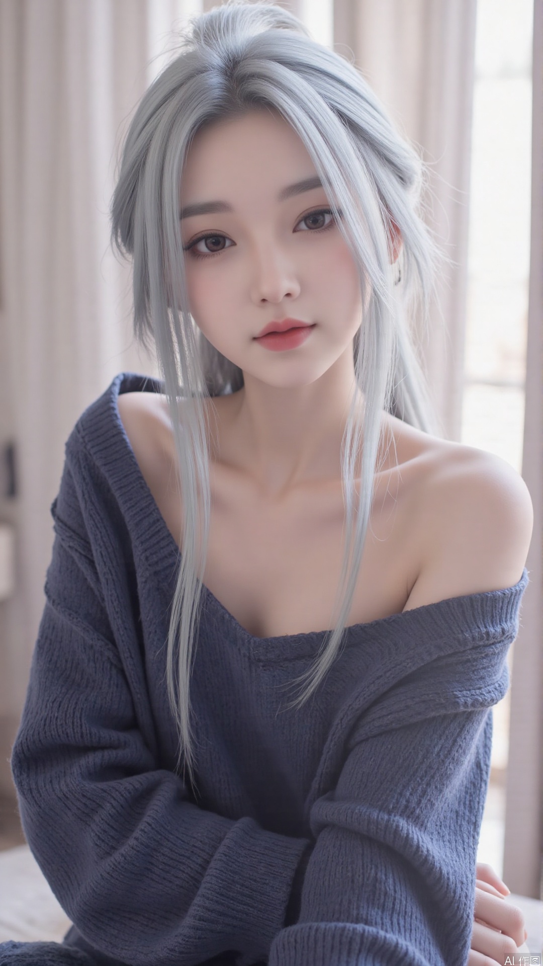1girl, solo, long hair, looking at viewer, smile, sitting, collarbone, off shoulder, sweater, messy hair, realistic