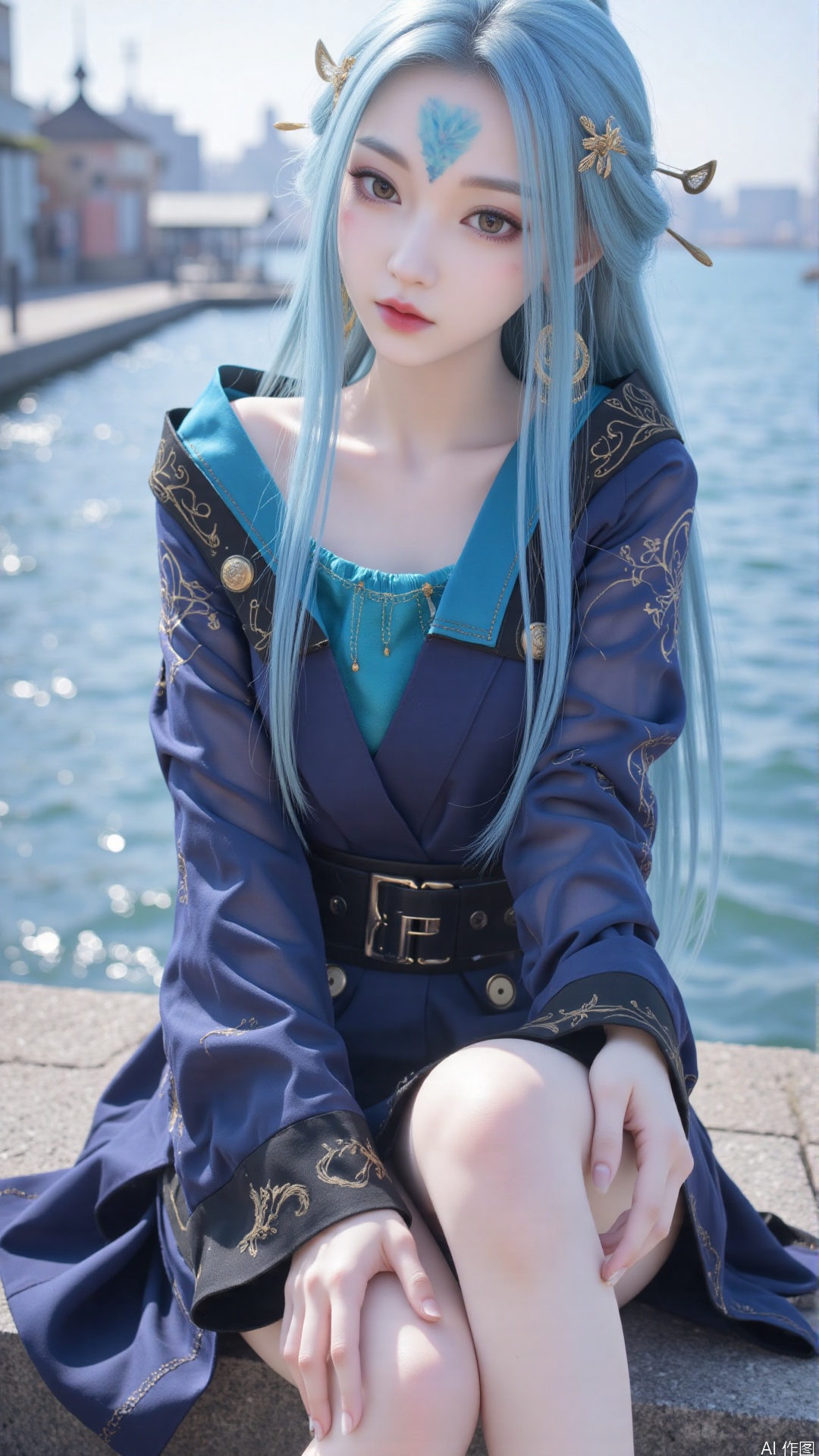 1girl, solo, long hair, forehead mark, hair ornament, facial mark, lips, blue hair, realistic, looking at viewer, hair stick, perfect body, scenery, sharp focus, best quality, masterpiece, detailed outfit, illustration, perfect eyes, finely detailed beautiful anime eyes, realistic skin, intricate details, best lighting, depth of field, ultra high resolution, sitting