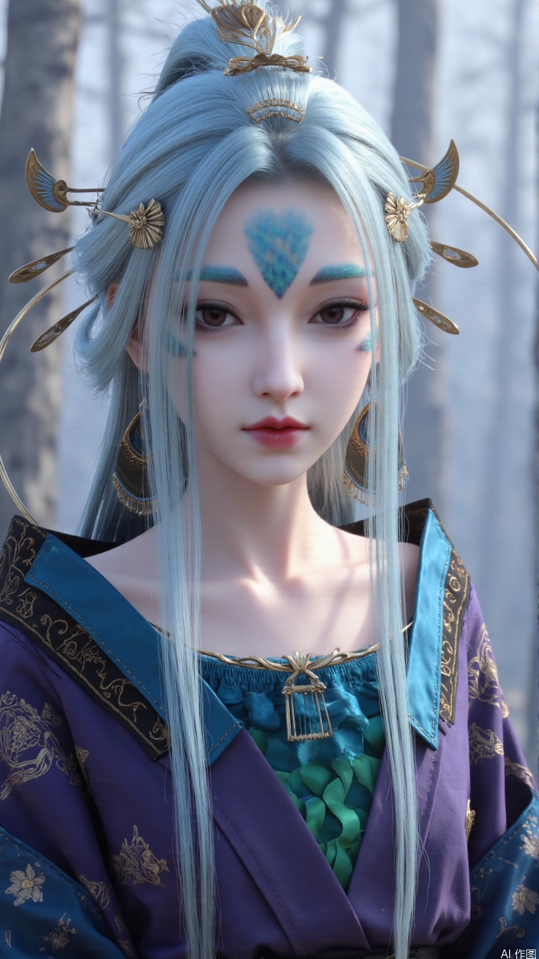 1girl, solo, long hair, forehead mark, hair ornament, facial mark, lips, blue hair, realistic, looking at viewer, hair stick, perfect body, scenery, sharp focus, best quality, masterpiece, detailed outfit, illustration, perfect eyes, finely detailed beautiful anime eyes, realistic skin, intricate details, best lighting, depth of field, ultra high resolution,cowboy shot