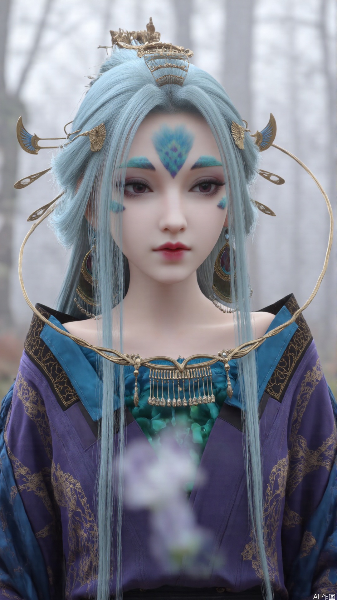 1girl, solo, long hair, forehead mark, hair ornament, facial mark, lips, blue hair, realistic, looking at viewer, hair stick, perfect body, scenery, sharp focus, best quality, masterpiece, detailed outfit, illustration, perfect eyes, finely detailed beautiful anime eyes, realistic skin, intricate details, best lighting, depth of field, ultra high resolution,cowboy shot