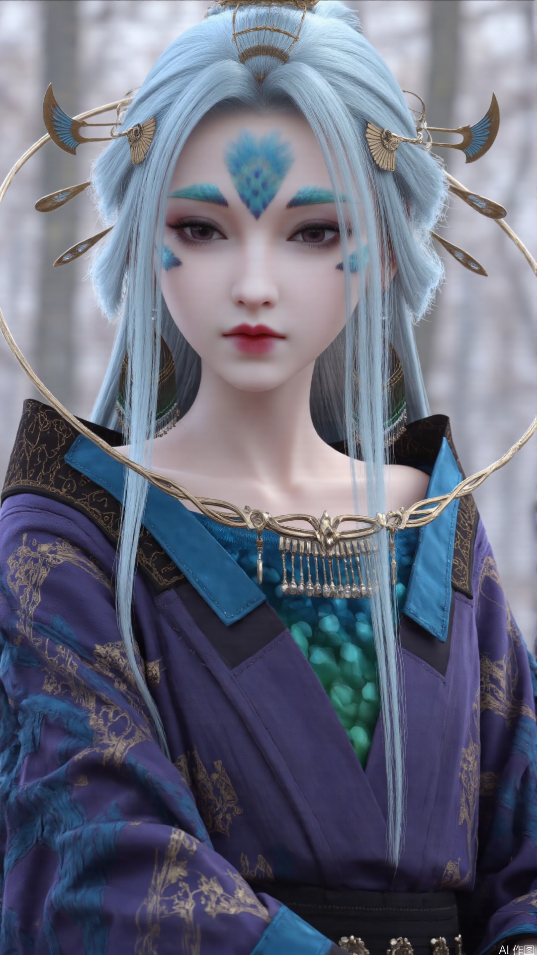 1girl, solo, long hair, forehead mark, hair ornament, facial mark, lips, blue hair, realistic, looking at viewer, hair stick, perfect body, scenery, sharp focus, best quality, masterpiece, detailed outfit, illustration, perfect eyes, finely detailed beautiful anime eyes, realistic skin, intricate details, best lighting, depth of field, ultra high resolution,cowboy shot