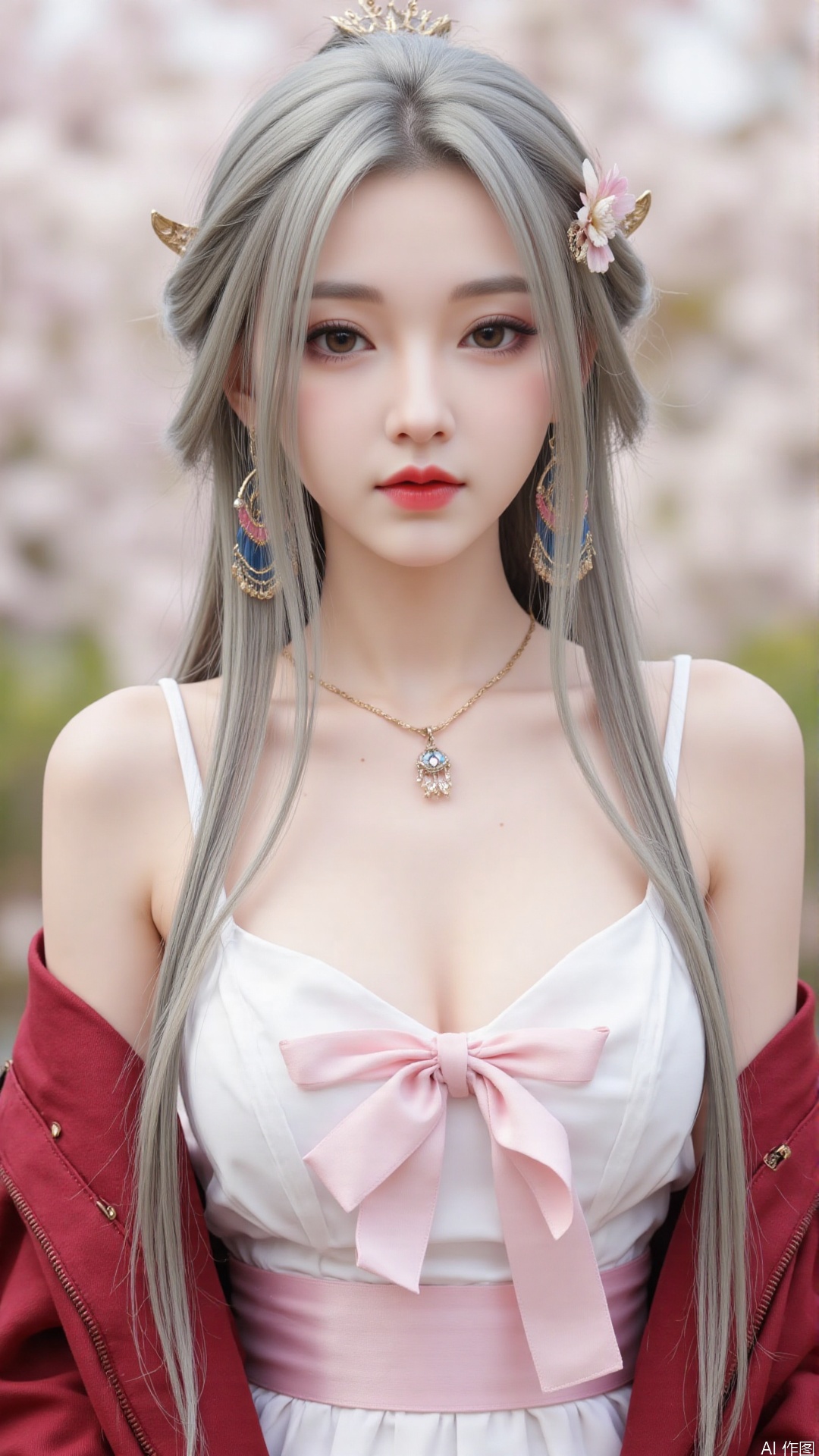 1girl,solo,jewelry,flower,hair flower,hair ornament,necklace,realistic,brown eyes,looking at viewer,dress,blurry background,twin braids,blurry,white dress,long hair,upper body,breasts,pink bow,red jacket,bare shoulders,lips,collarbone,outdoors,cleavage,large natural breast,soft breasts,huge Breasts