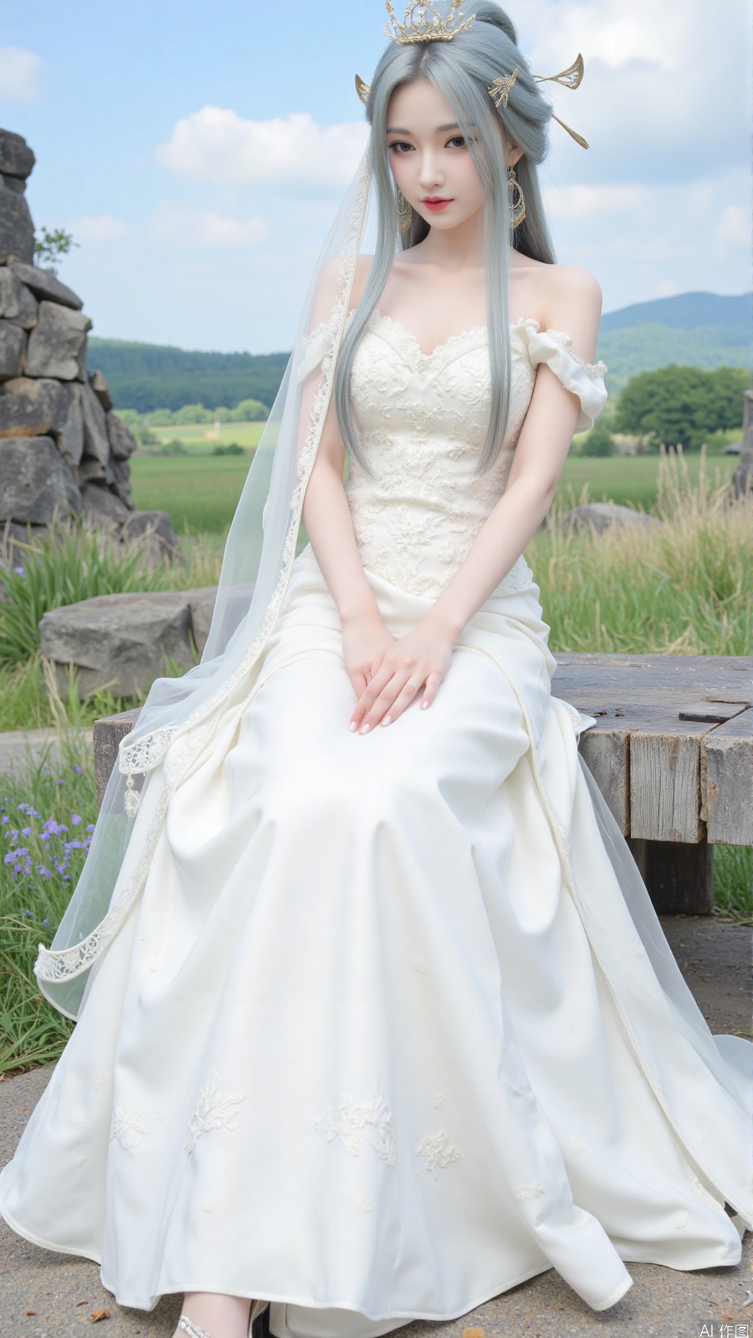 1girl, white wedding dress,looking at viewer, mischevious smile, perfect body, scenery, sharp focus, best quality, masterpiece, detailed outfit, illustration, perfect eyes, finely detailed beautiful anime eyes, realistic skin, intricate details, best lighting, depth of field, ultra high resolution, cowboy_shot, bride