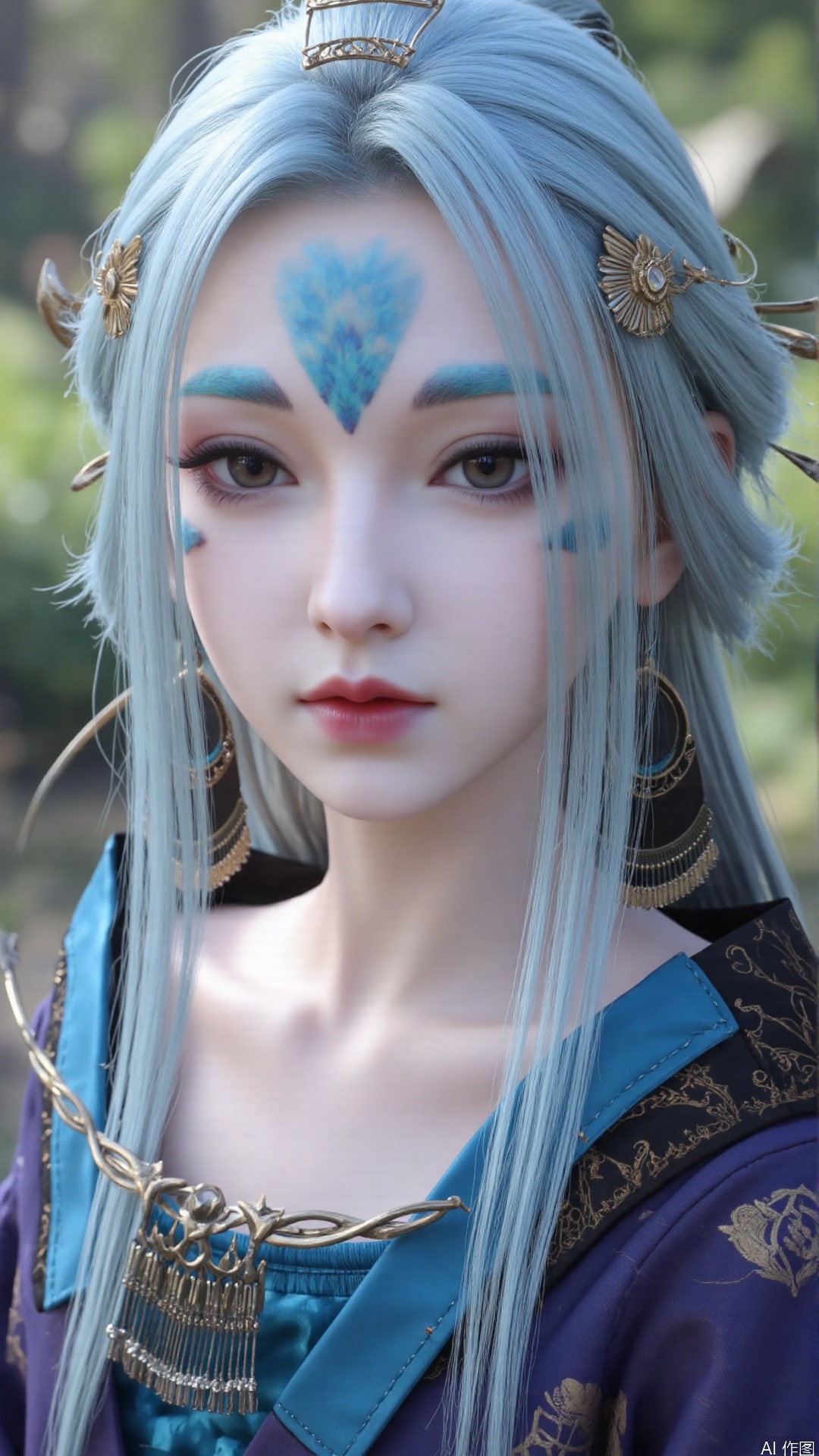1girl, solo, long hair, forehead mark, hair ornament, facial mark, lips, blue hair, realistic, looking at viewer, hair stick, perfect body, scenery, sharp focus, best quality, masterpiece, detailed outfit, illustration, perfect eyes, finely detailed beautiful anime eyes, realistic skin, intricate details, best lighting, depth of field, ultra high resolution,cowboy shot
