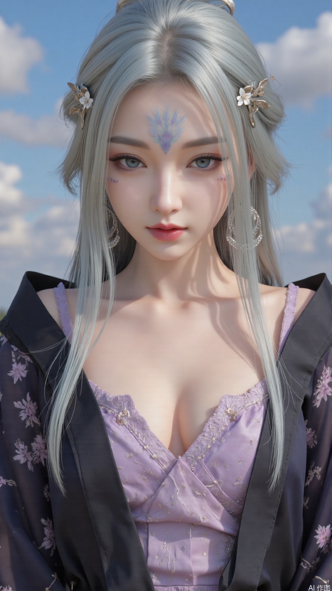 Very detailed face, extremely detailed eyes and face, blue eyes, (vacuum), 8K wallpaper, light leak, beautiful and detailed girl, extremely detailed CGUnity8K wallpaper, an extremely detailed and beautiful, beautiful and detailed eyes, masterpiece, best quality, Real photo level, (frontal shooting panoramic perspective), ( (Full body photo)), dynamic angle, dynamic pose, solo, ancient style silver hairpin with petals, blue sky and white clouds, (C cup), (huge round breasts), slender legs, super good figure, stunning beauty, (whole body in the mirror) , (wearing Lolita nightgown), (light reflects the shadow of the body through the clothes),vacuum,bare and smooth