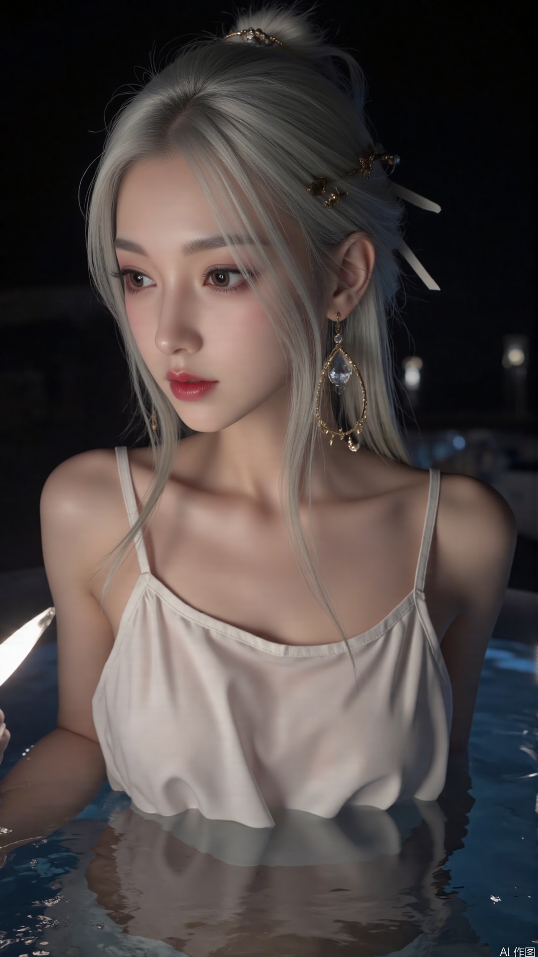 1girl, solo, long hair, red lips,looking at viewer, upper body, glowing hair,hair ornament,white sling shirt,bare shoulders,in water,hair bun,ribbon,earrings,black background,light,dark background